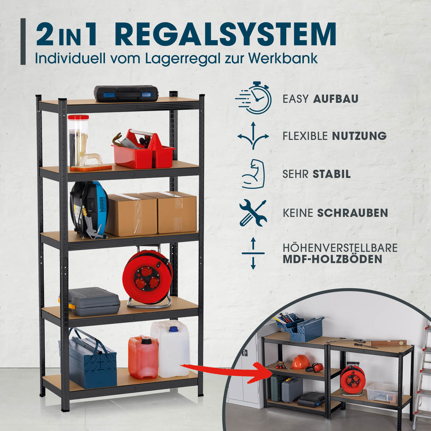 Schwerlastregal & Werkbank - 180 x 90 x 40 cm - 875 kg Traglast, 175 kg pro Ebene