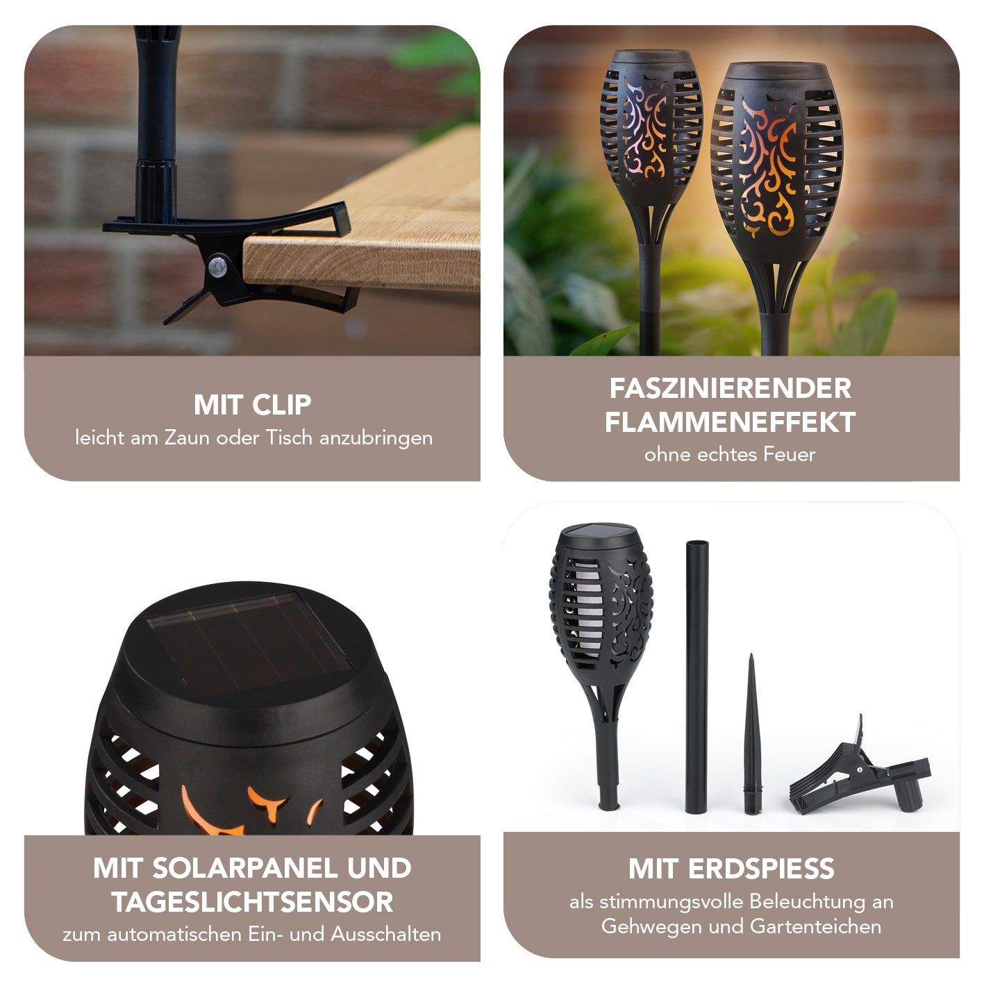 Solar-Fackel LED mit Erdspieß und Clip - 2er-Set