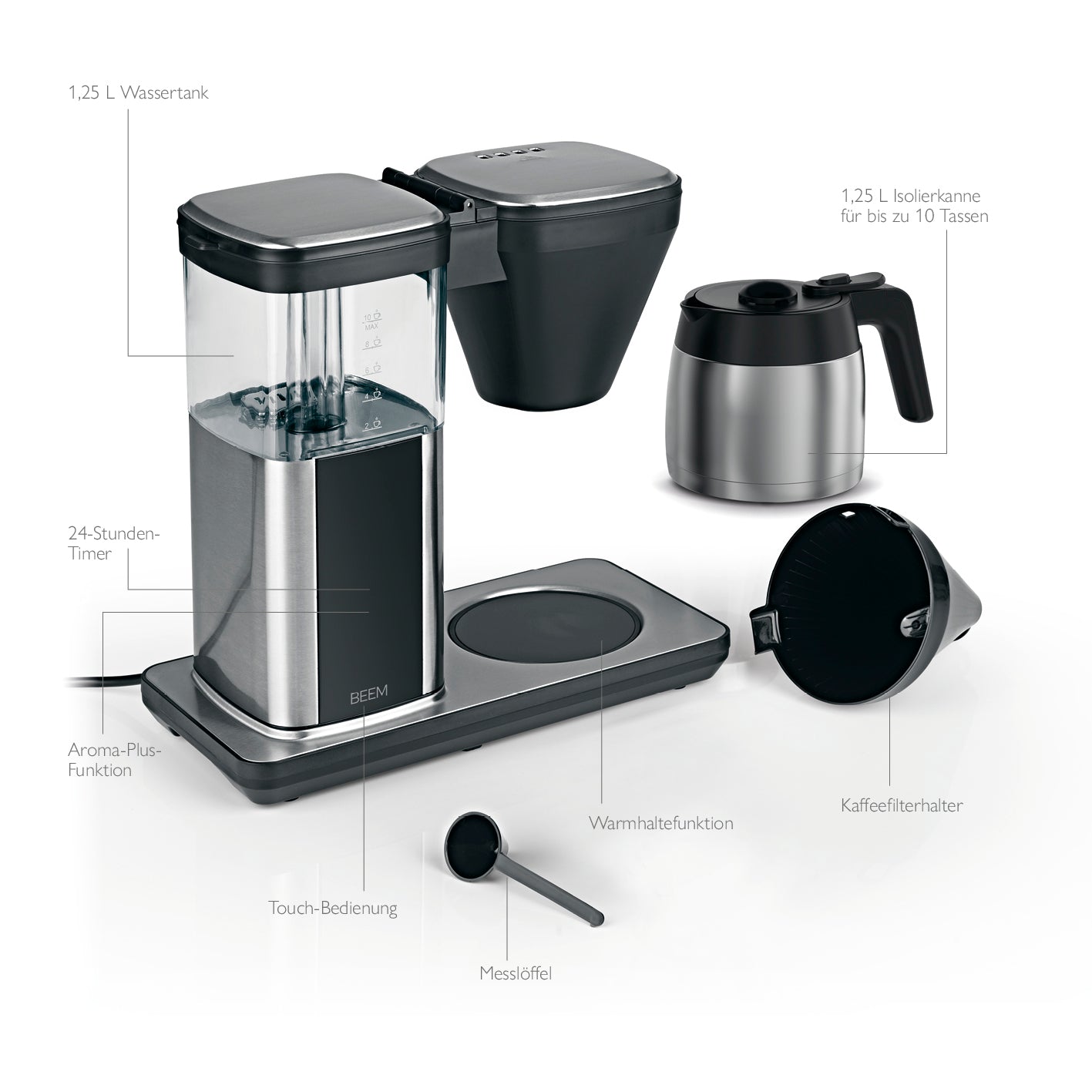 DIRECT-BREW Filterkaffeemaschine - Thermo mit 1,25 l Thermokanne, Aroma-Plus-Funktion, Touch-Display und 24-Stunden-Timer.