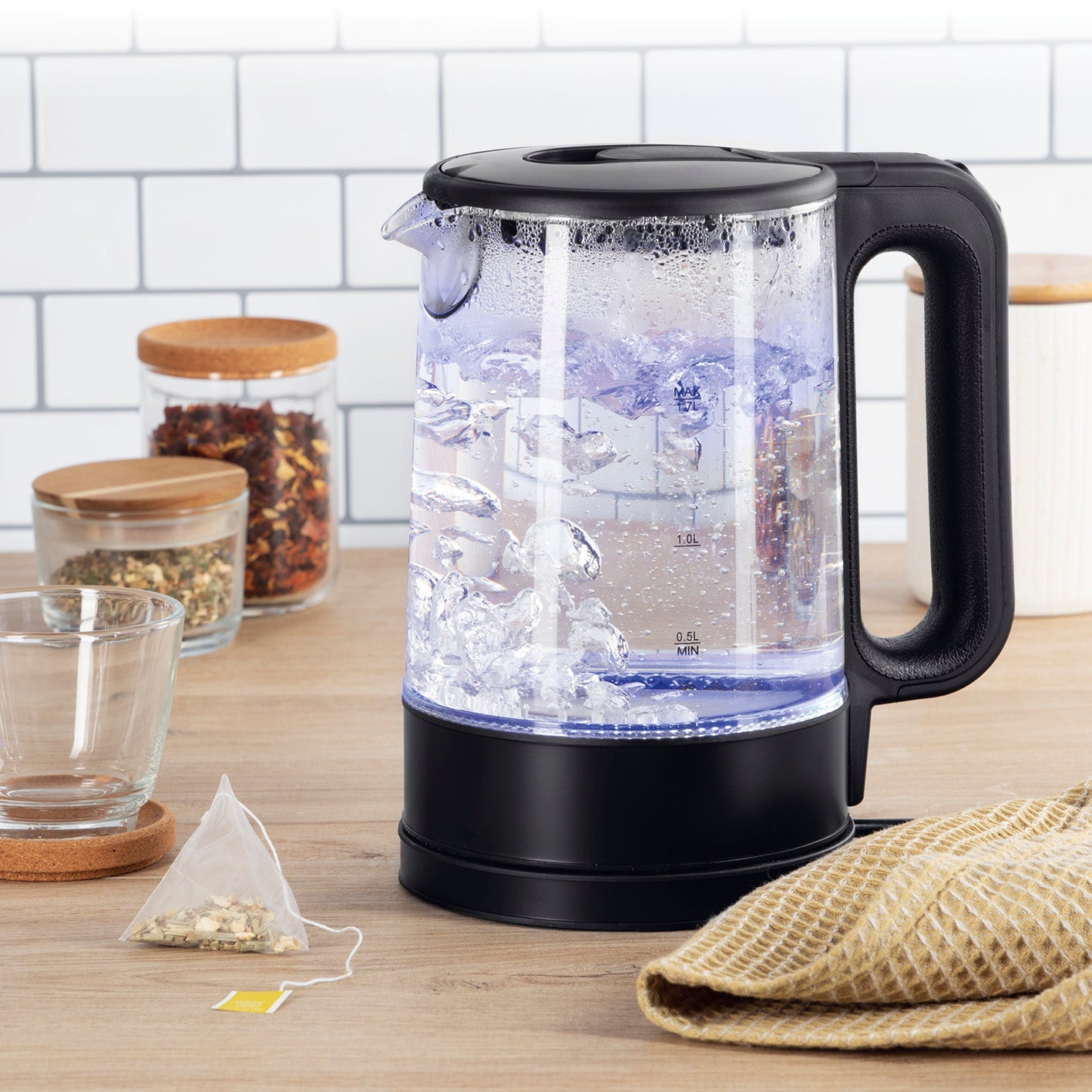 Glas-Wasserkocher LED - 1,7l - schwarz matt