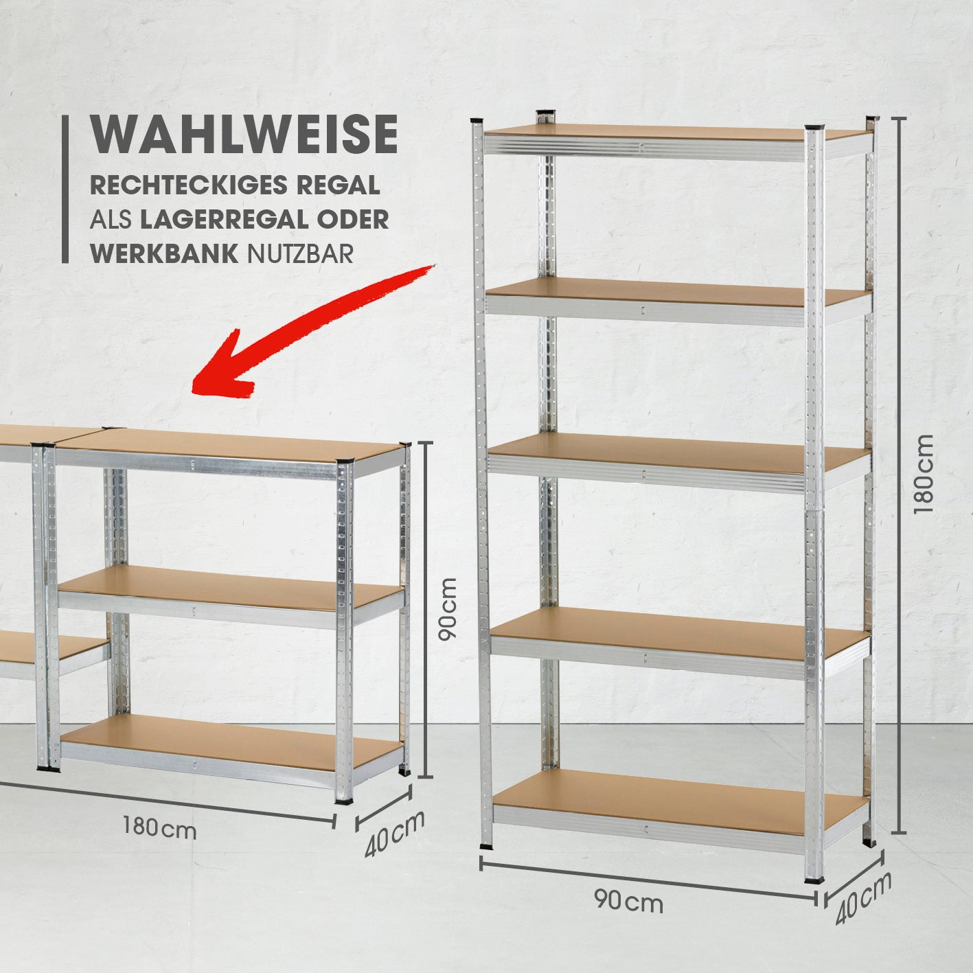Schwerlastregal & Werkbank 2er-Set -  180 x 90 x 40 cm - 1750 kg Traglast, 175 kg pro Ebene