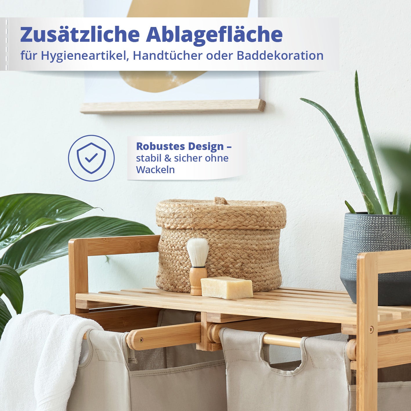 Bambus Wäschekorb mit 2 ausziehbaren Wäschesacken - 73 x 64 x 33 cm - Grau