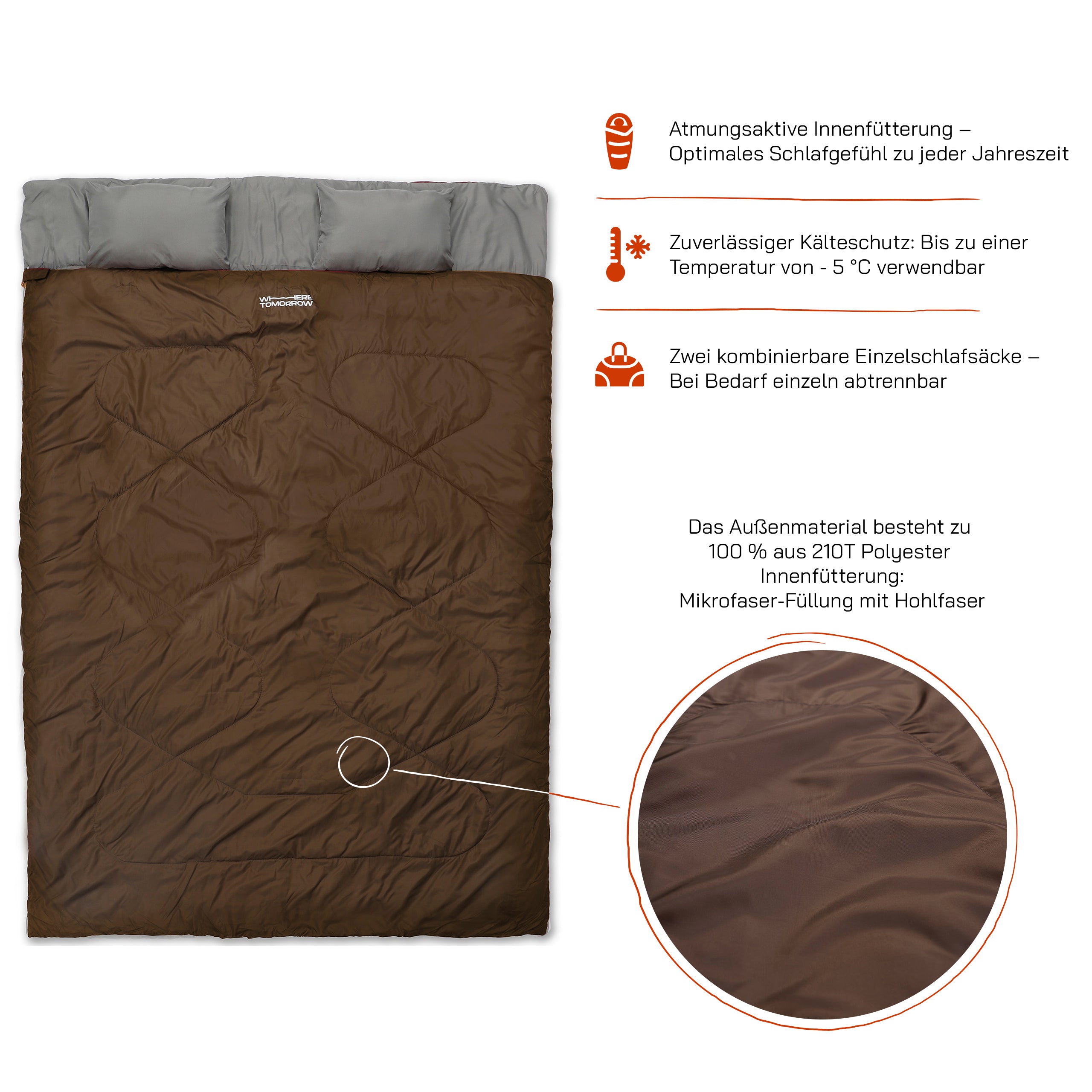 Doppelschlafsack mit Tragetasche - 2-Personen Schlafsack - 190 x 150 cm - Braun
