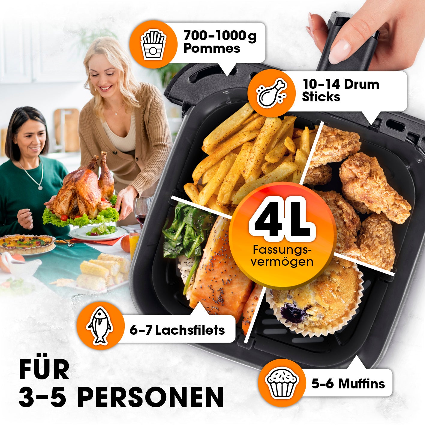 Heißluftfritteuse mit 4 Litern Fassungsvermögen - 1400 Watt
