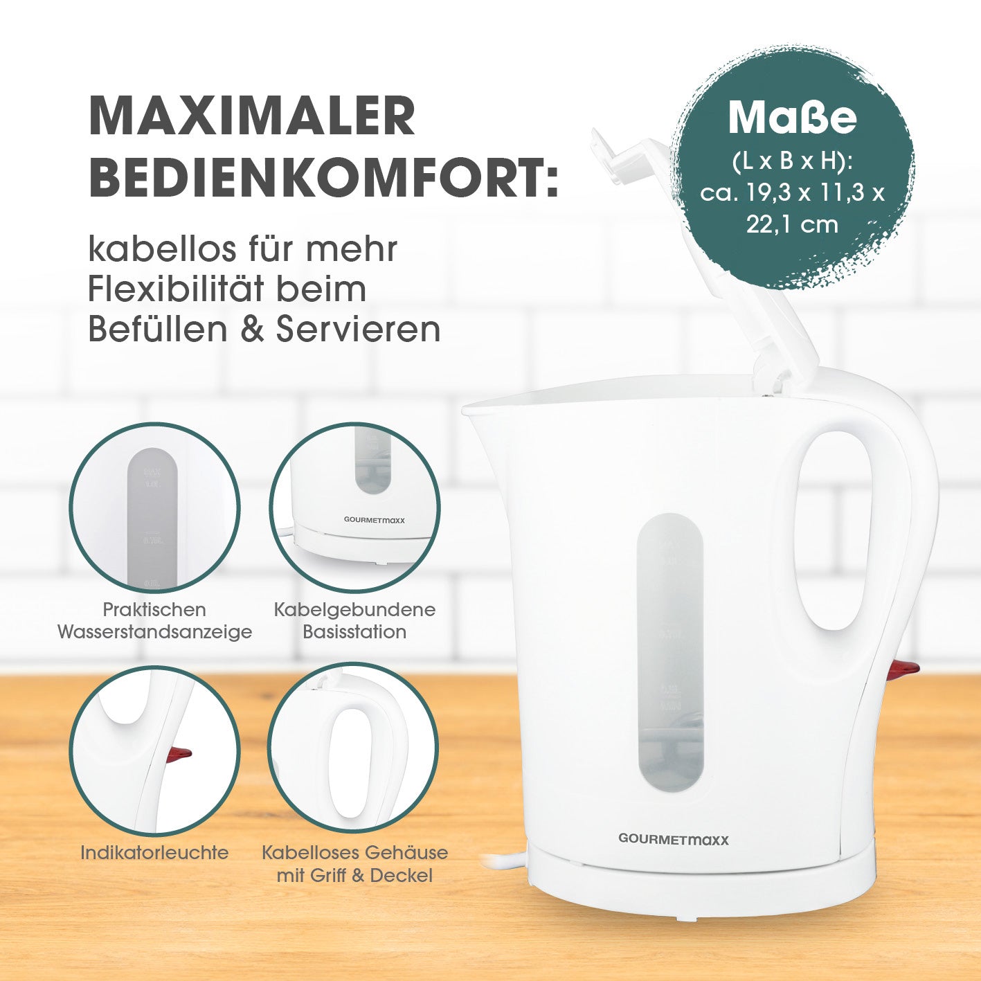 GOURMETmaxx Wasserkocher 1l - weiß/grau