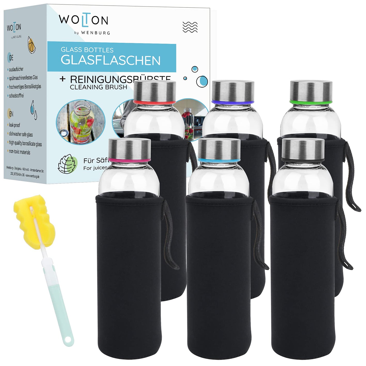 Glasflaschen 500 ml, 6er-Set + Flaschenbürste