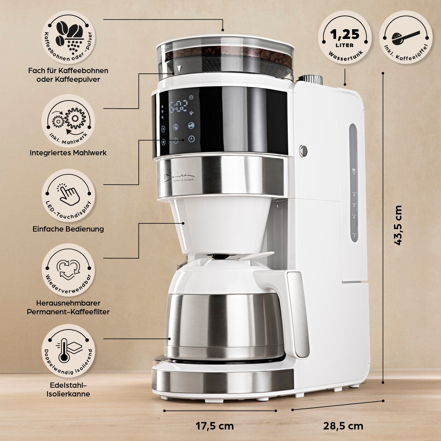 Filterkaffeemaschine Touch Iso mit Mahlwerk - Weiß