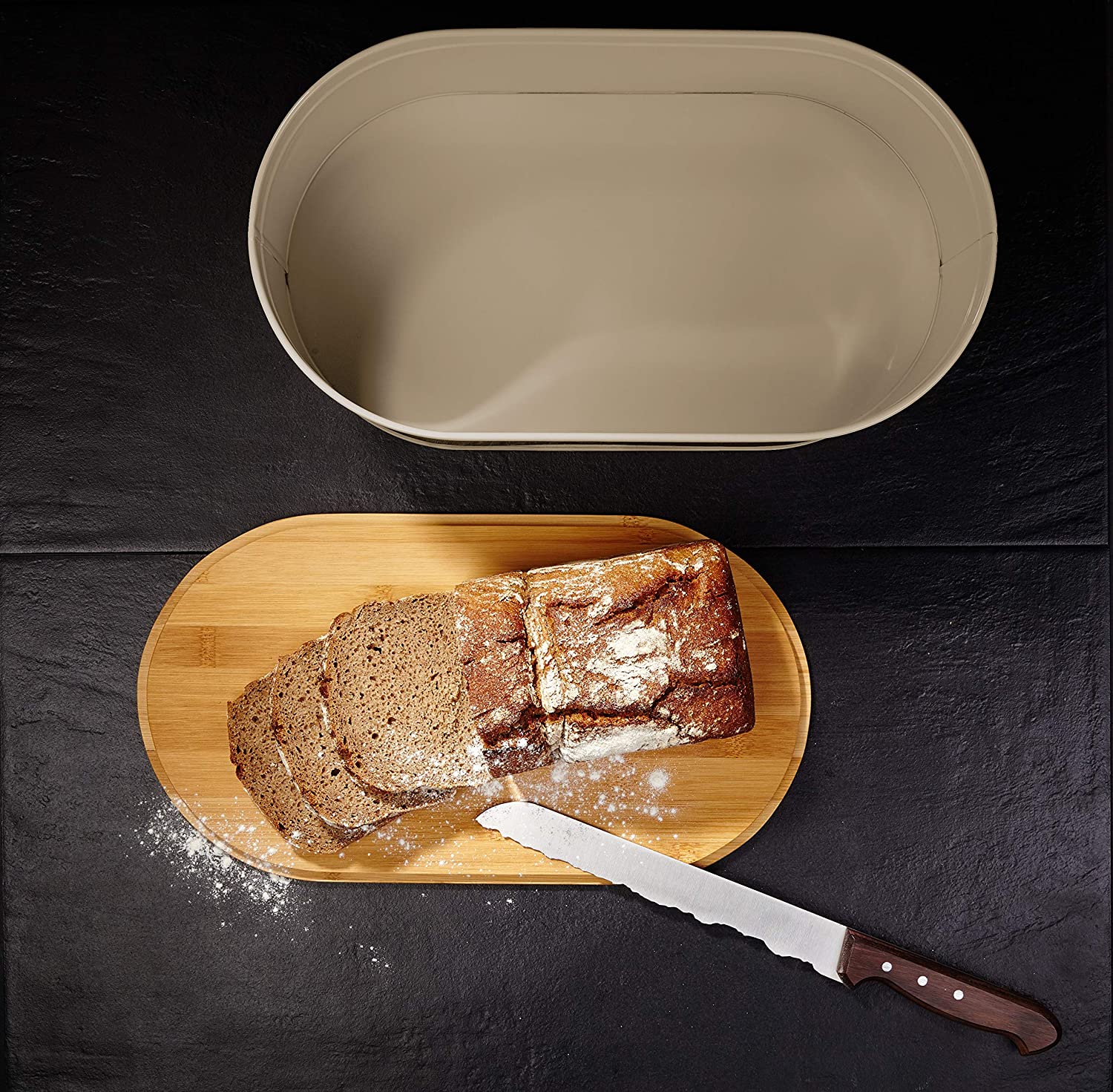 Cuisine Brotkasten aus Metall mit Bambus Deckel - Oval 36 x 20 x 13,8 cm - Grau