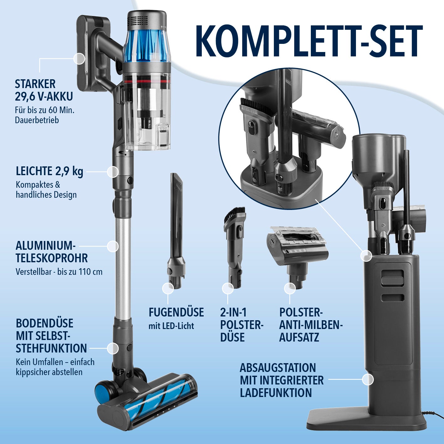 AeroTech 500 Staubsauger mit Absaugstation – Grau-Silber, kabellos, 60 Min. Akku, Absaugstation mit Ladefunktion, Komplettset inklusive Düsen.