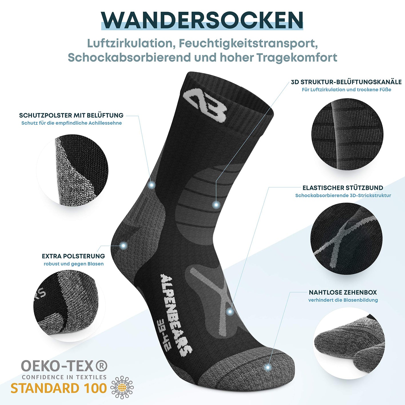 Wandersocken Merino Wolle - 3er-Set - Schwarz - Größe 39-42
