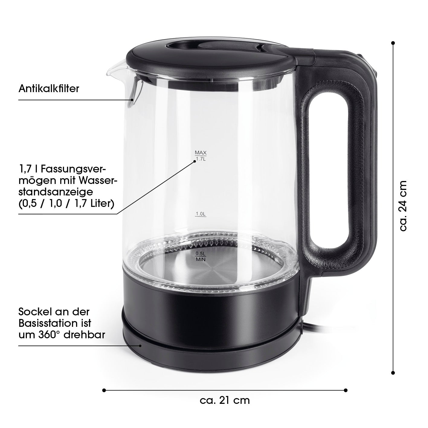 Glas-Wasserkocher LED - 1,7l - schwarz matt