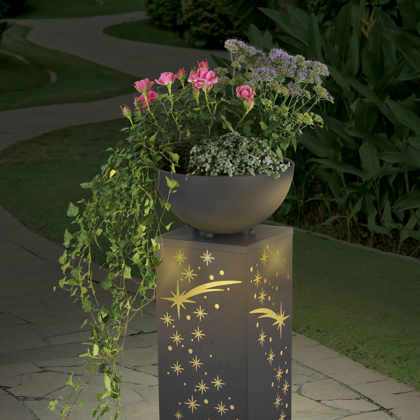 LED-Dekosäule Beton-Optik "Sternschnuppe" mit Pflanzschale - 59 cm