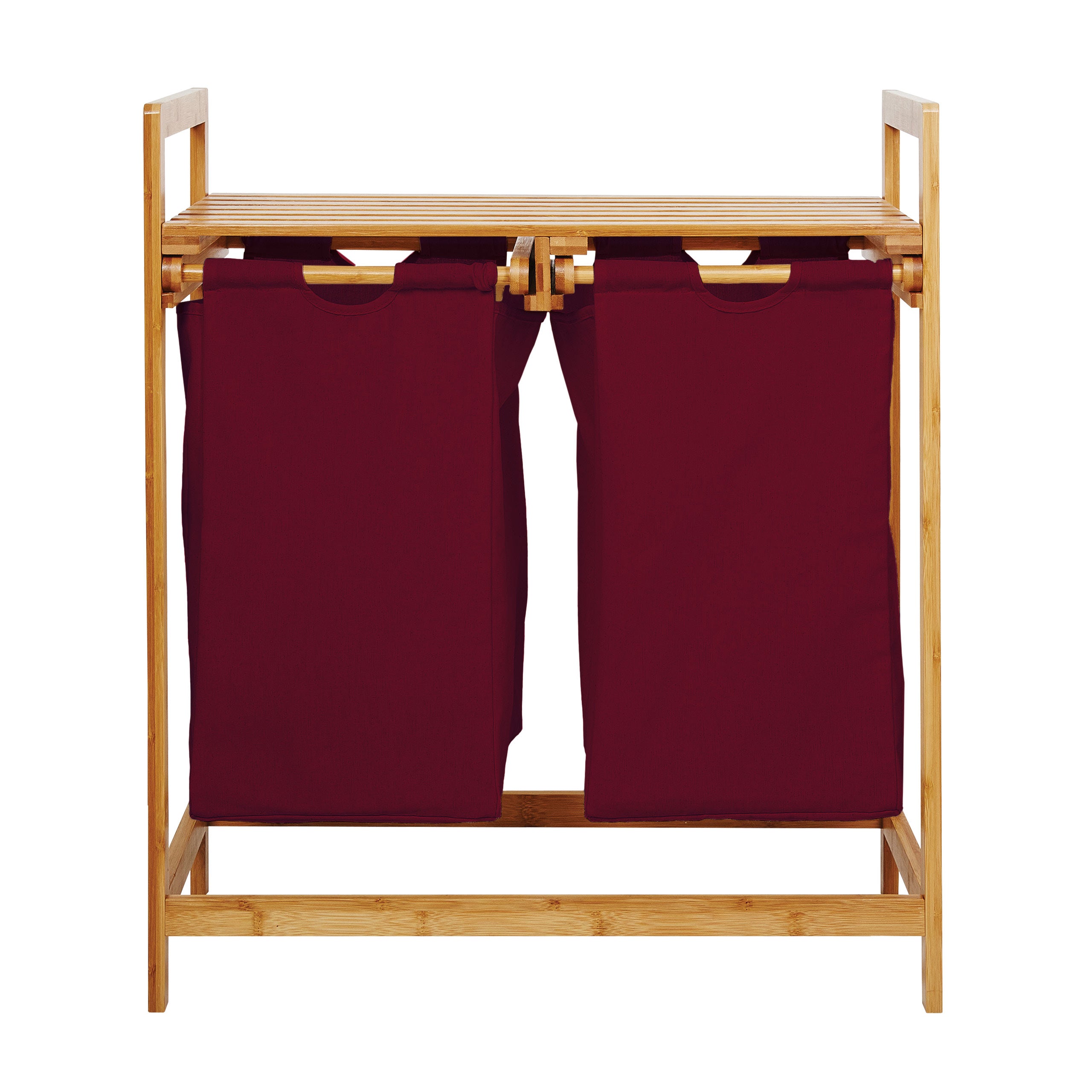 Bambus Wäschekorb mit 2 ausziehbaren Wäschesacken - 73 x 64 x 33 cm - Dunkelrot