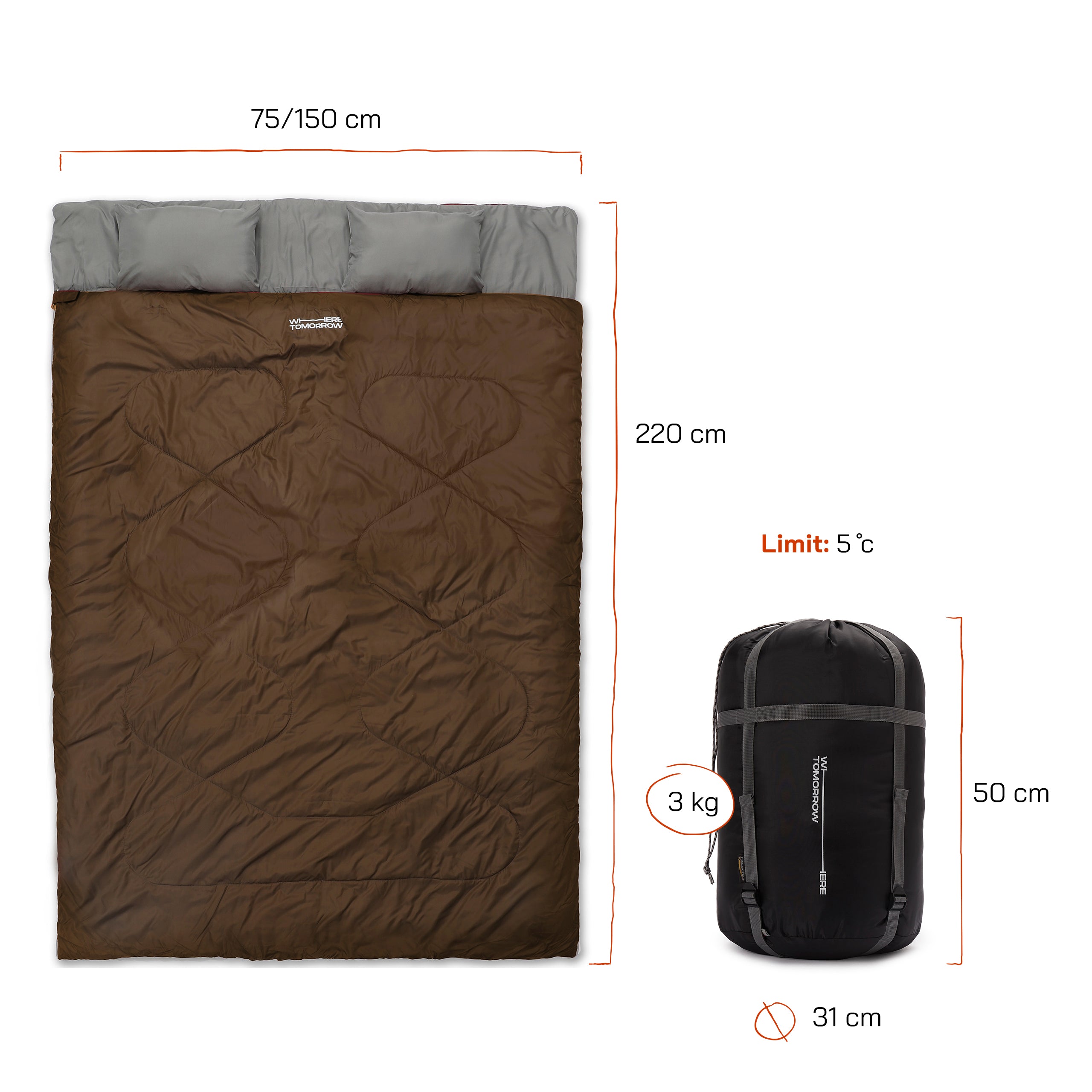 Doppelschlafsack mit Tragetasche - 2-Personen Schlafsack - 190 x 150 cm - Braun
