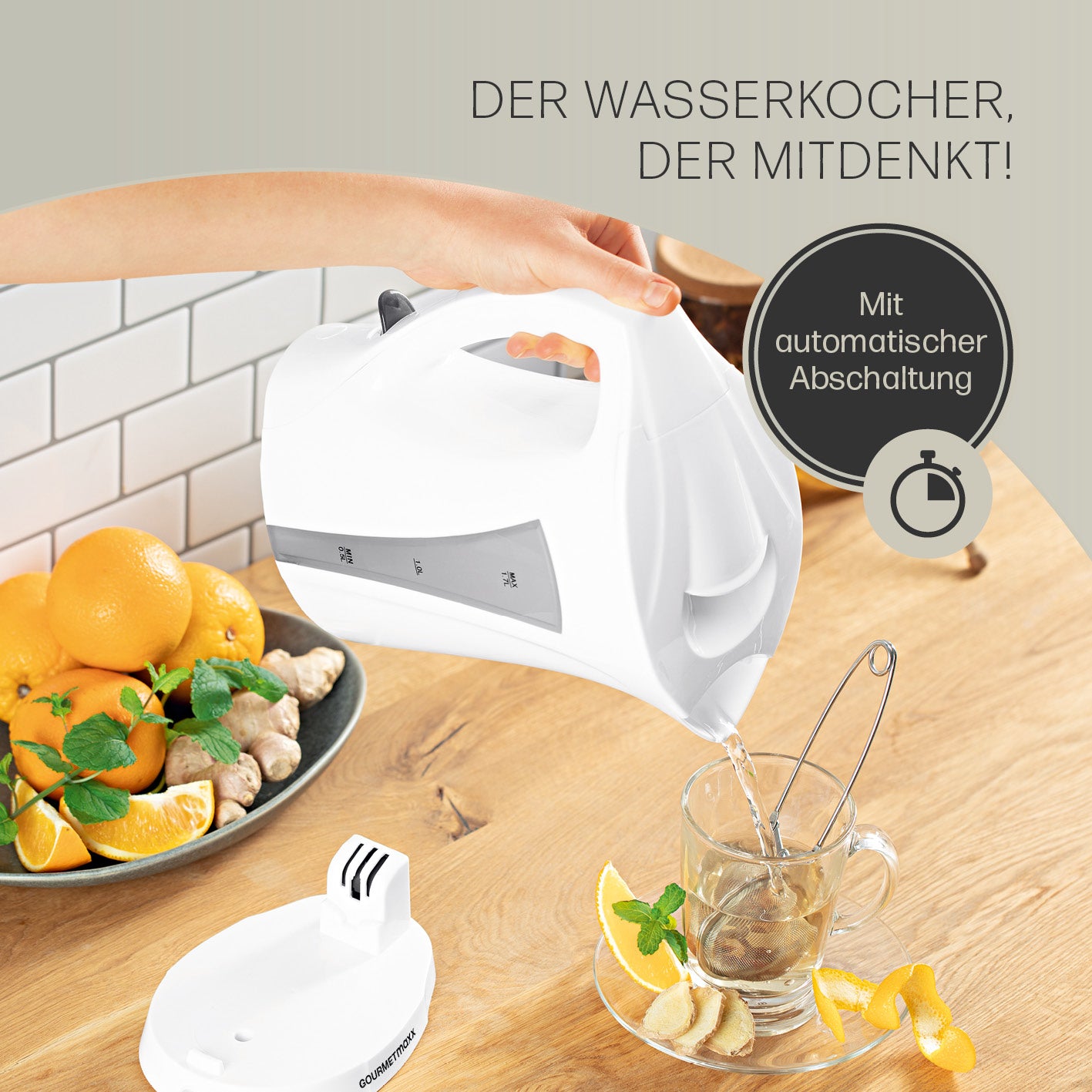 Wasserkocher mit Kalkfilter - 1,7l - weiß/grau