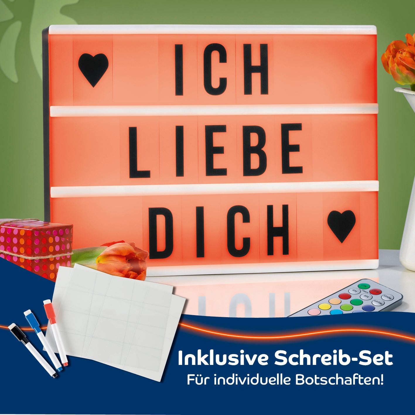 LED-Leuchtkasten mit 173 Buchstaben & Symbole inkl. Schreib-Set (3 Stifte & 20 Karten)