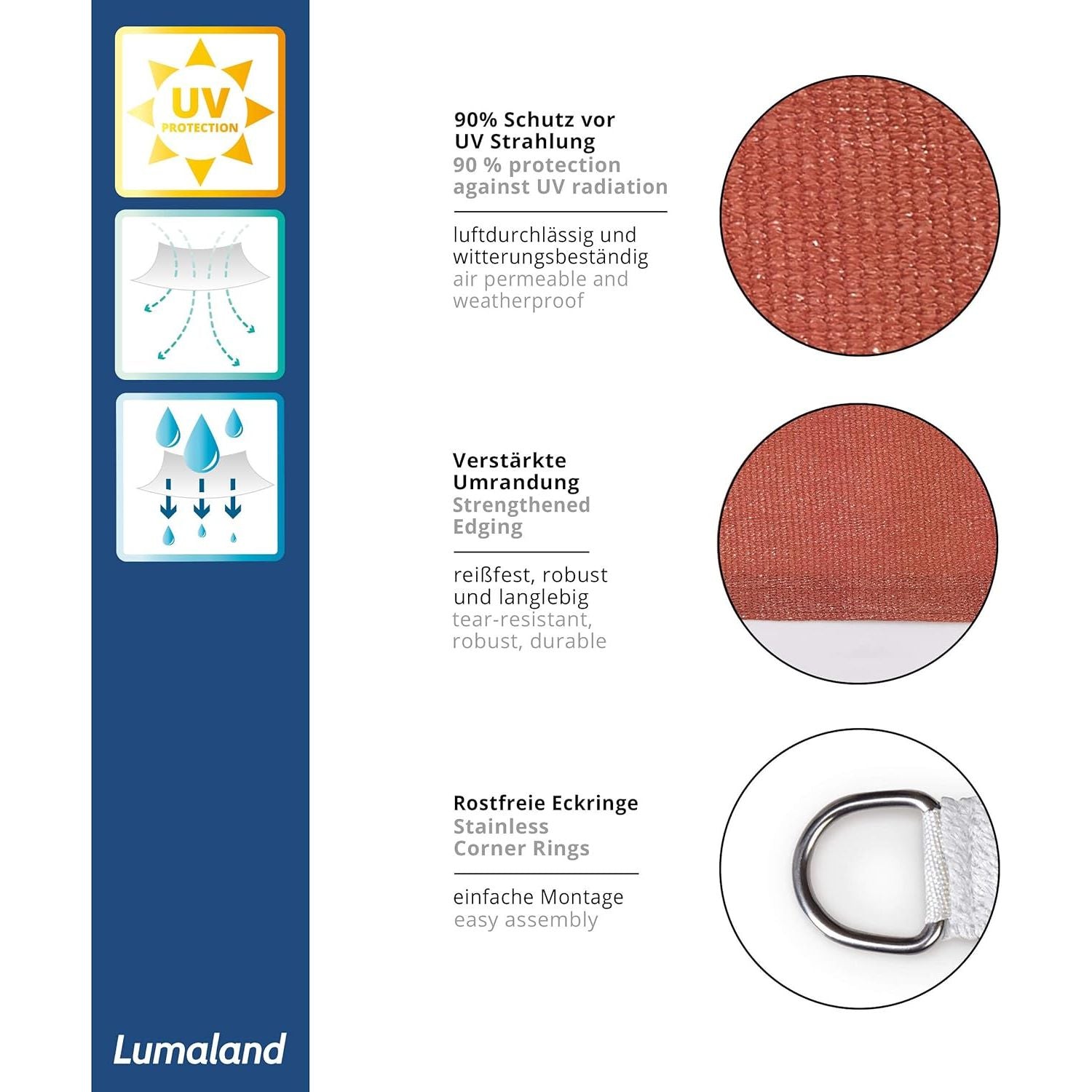 Sonnensegel 100% HDPE mit Stabilisator für UV-Schutz - Quadrat 3 x 3 Meter - Terracotta