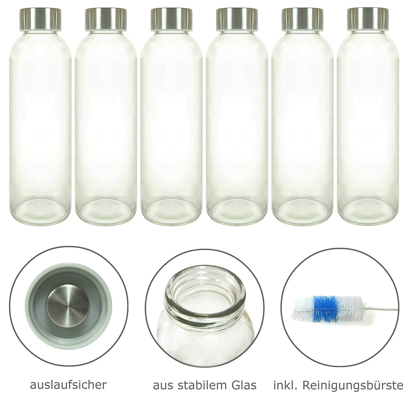 Glasflaschen 500 ml, 6er-Set + Flaschenbürste aus stabilem Kalknatronglas mit Edelstahl-Deckel und Reinigungsbürste.