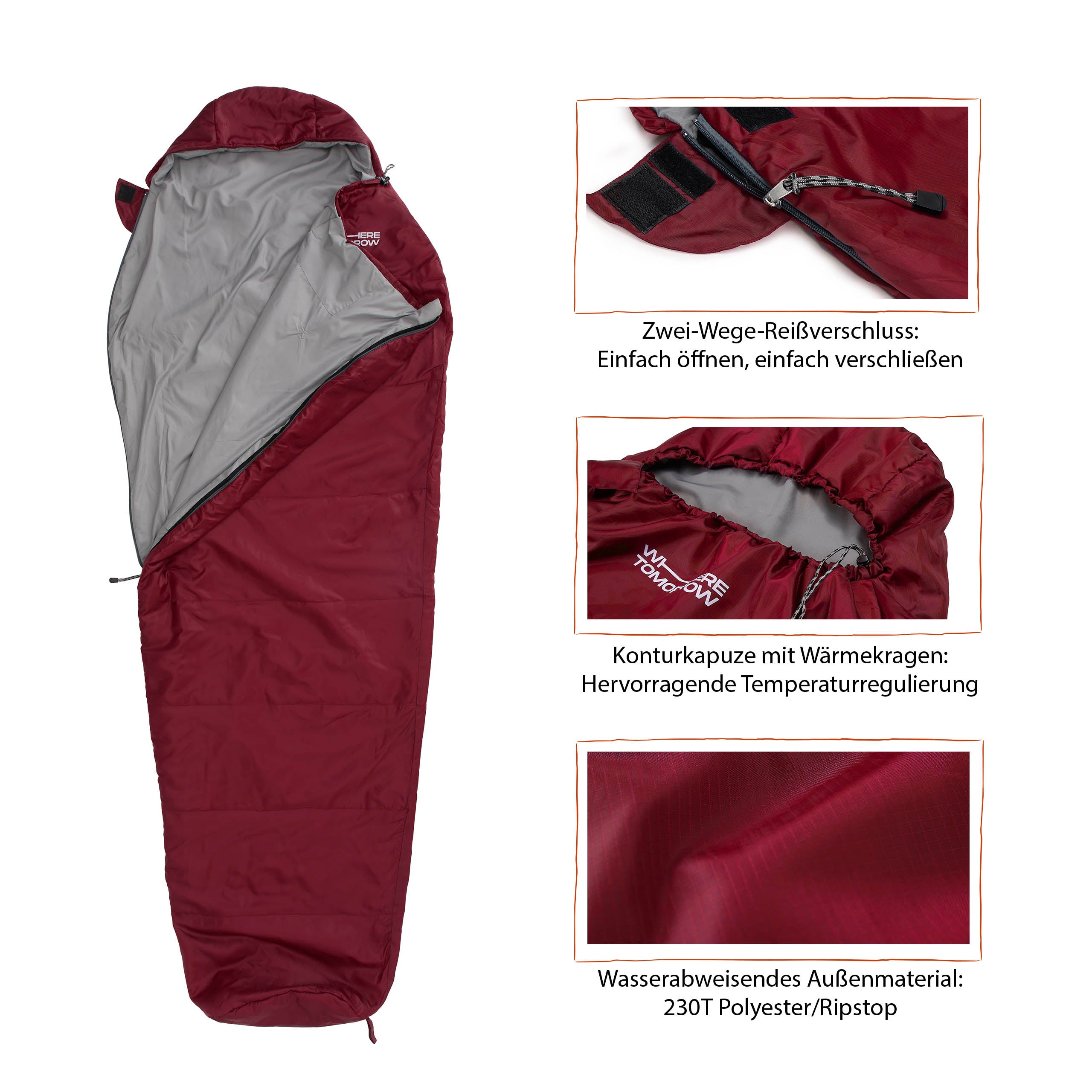 Camping Schlafsack Small & Light - Mumienschlafsack mit Tasche - 220 x 80 x 50 cm - Rot