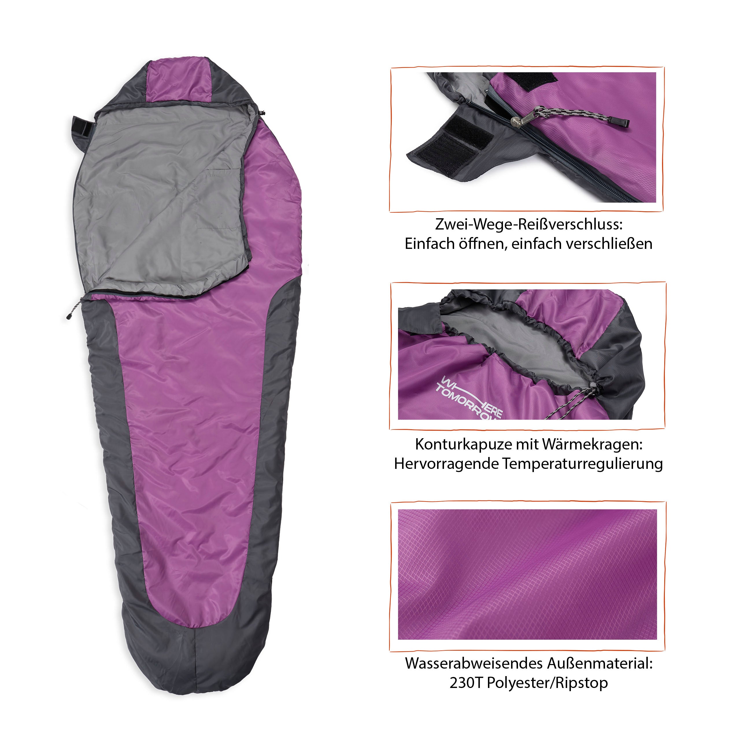 Camping Schlafsack Small & Light - Mumienschlafsack mit Tasche - 220 x 80 x 50 cm - Grau-Lila