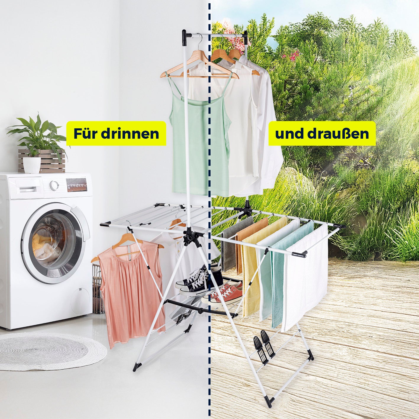 Falt-Wäscheständer 1800 klappbar mit Kleiderstange und Schuhhalter, für Innen- und Außenbereich, 18 m Trockenlänge, robust und leicht.