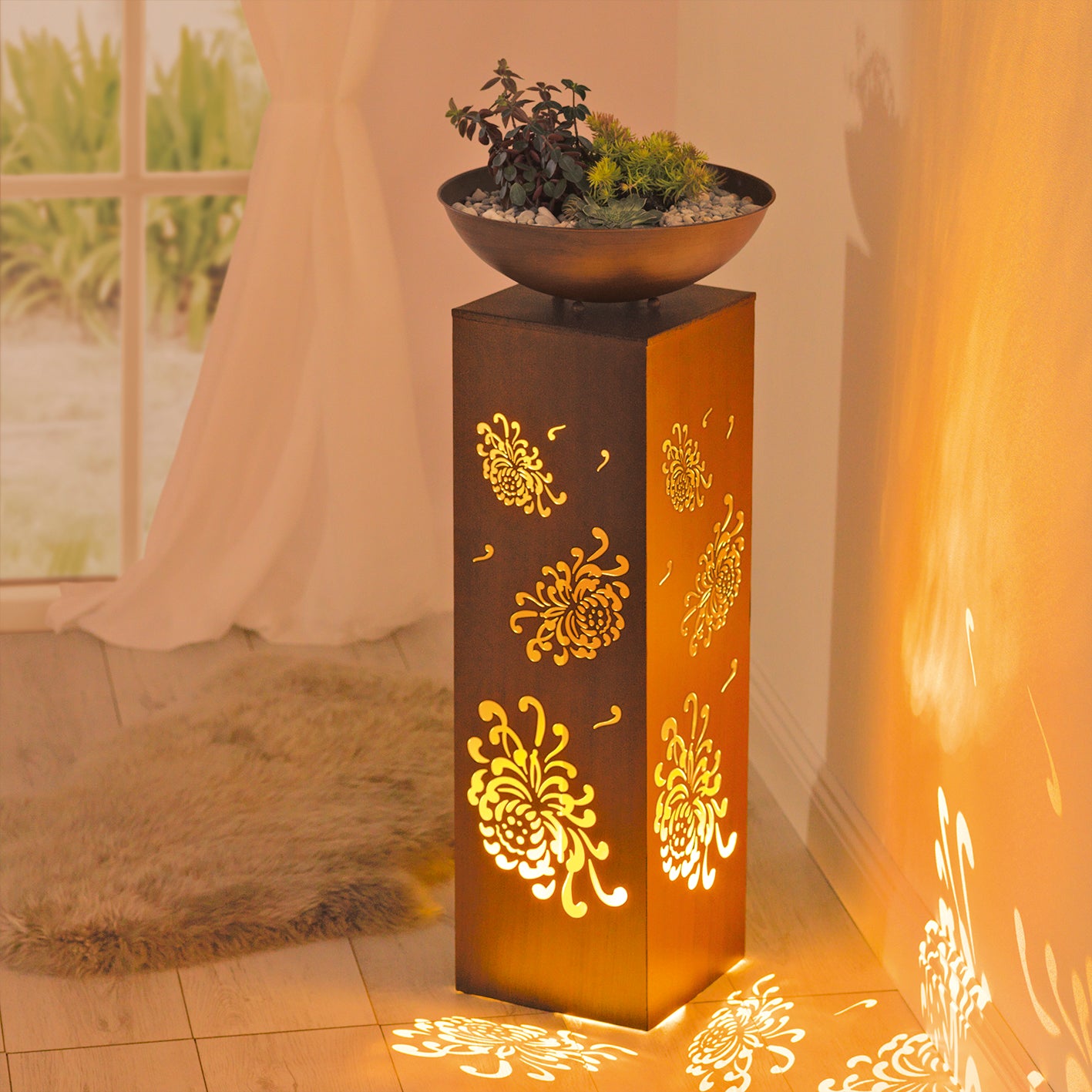 LED-Dekosäule mit Planzschale Rost-Optik "Bauernrose" - 87 cm