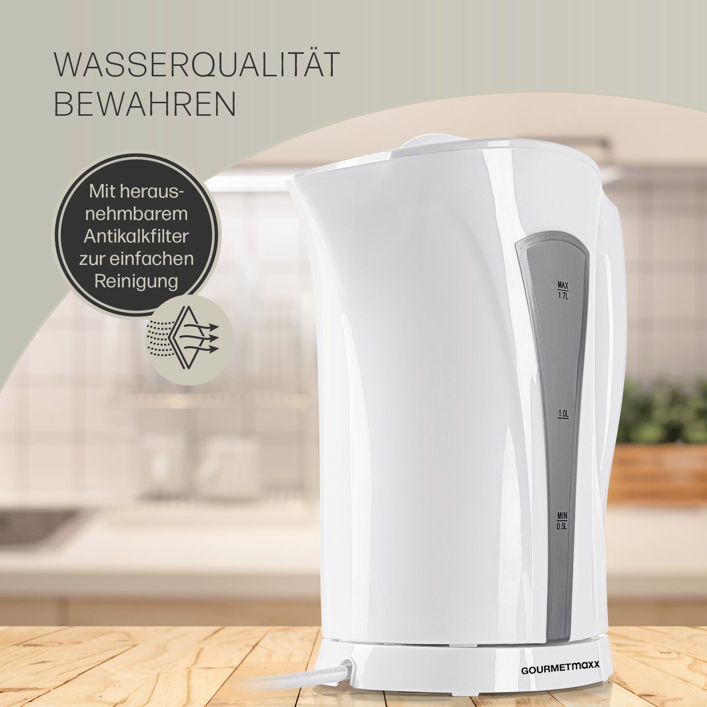 Wasserkocher mit Kalkfilter - 1,7l - weiß/grau