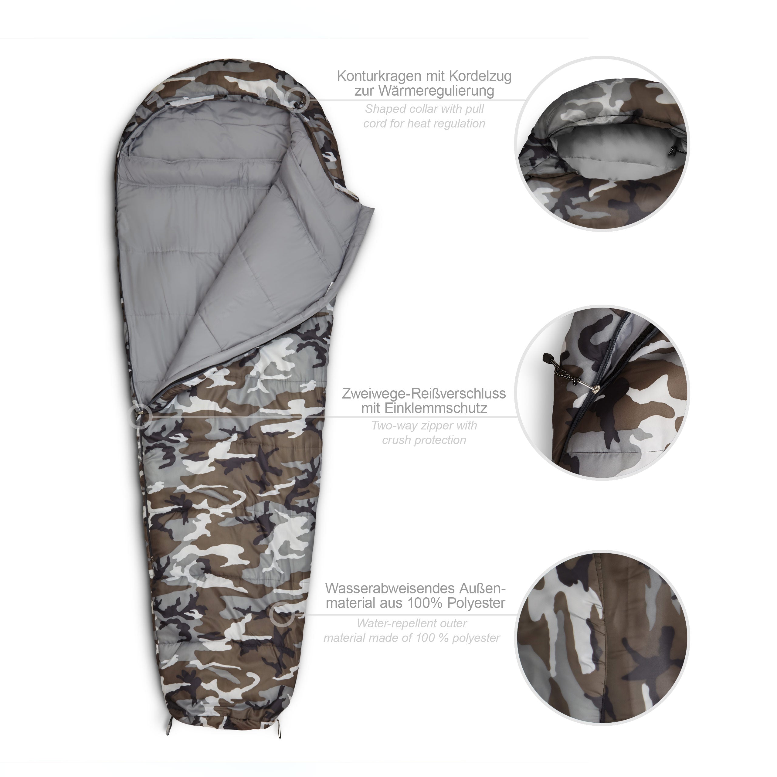 Camping Schlafsack Classic - Mumienschlafsack mit Tasche - 230 x 80 x 55 cm - Camouflage Grau