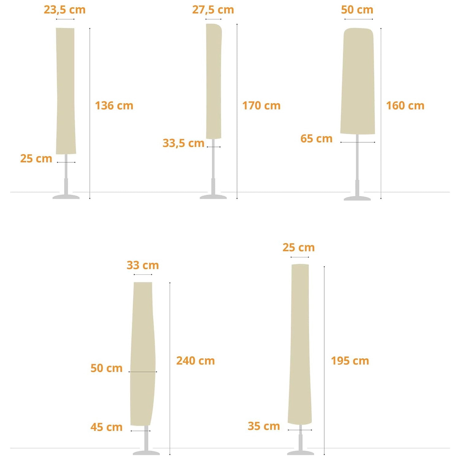 Abdeckung Schutzhülle für Sonnenschirm - 195 x 25/35 cm - Beige