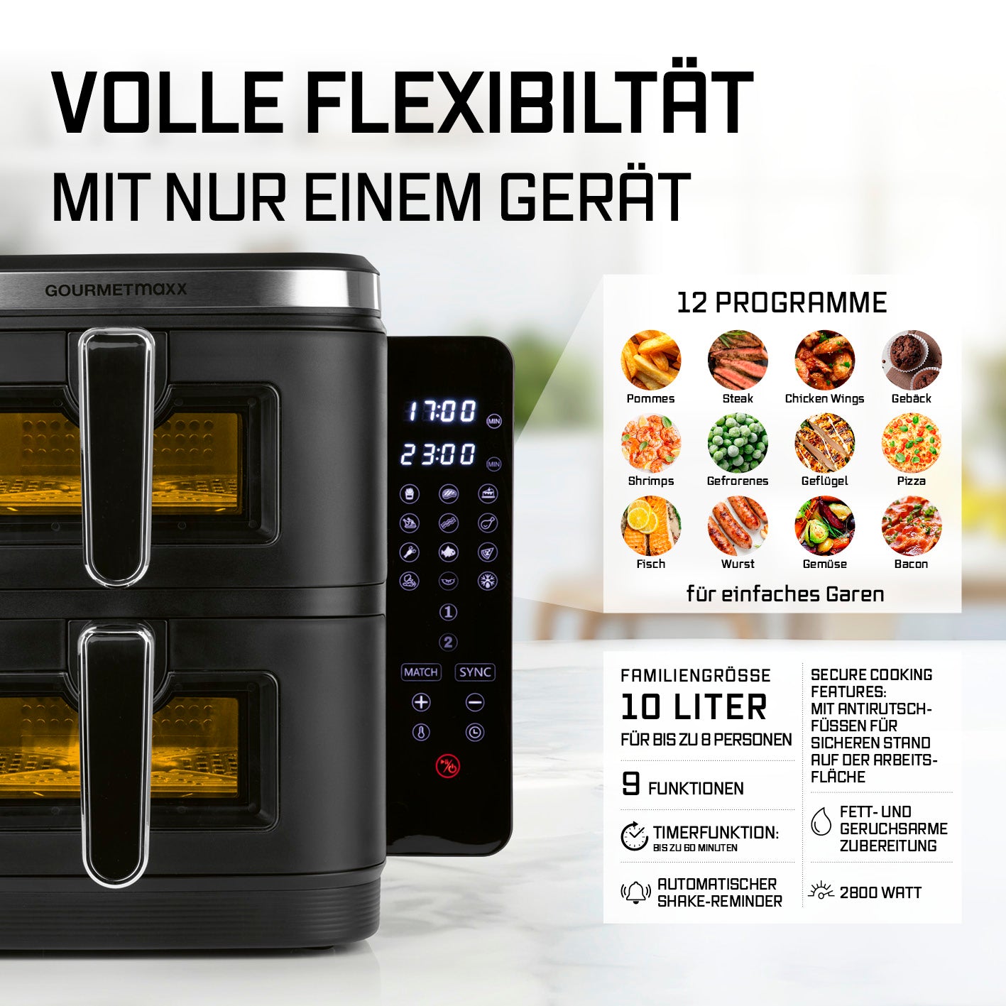 FryUp Vertikale Doppelkammer-Heißluftfritteuse mit Sichtfenster