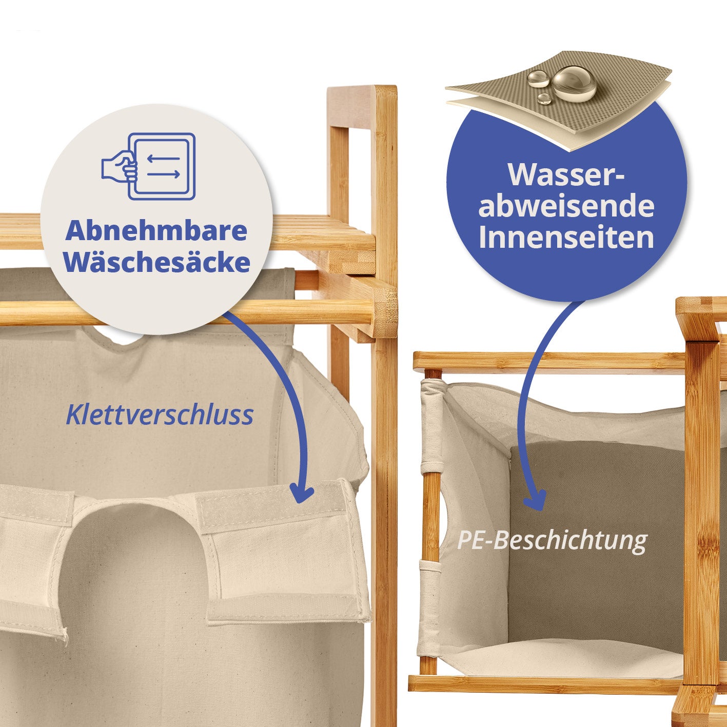 Bambus Wäschekorb mit ausziehbarem Wäschesack - 33 x 33 x 73 cm - Beige