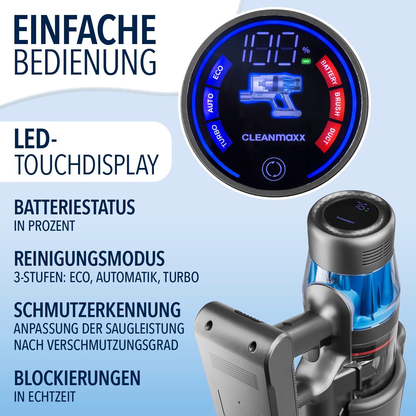 AeroTech 500 Staubsauger mit Absaugstation – LED-Touchdisplay zeigt Akku, Modus, Schmutzerkennung und Blockierungen in Echtzeit.