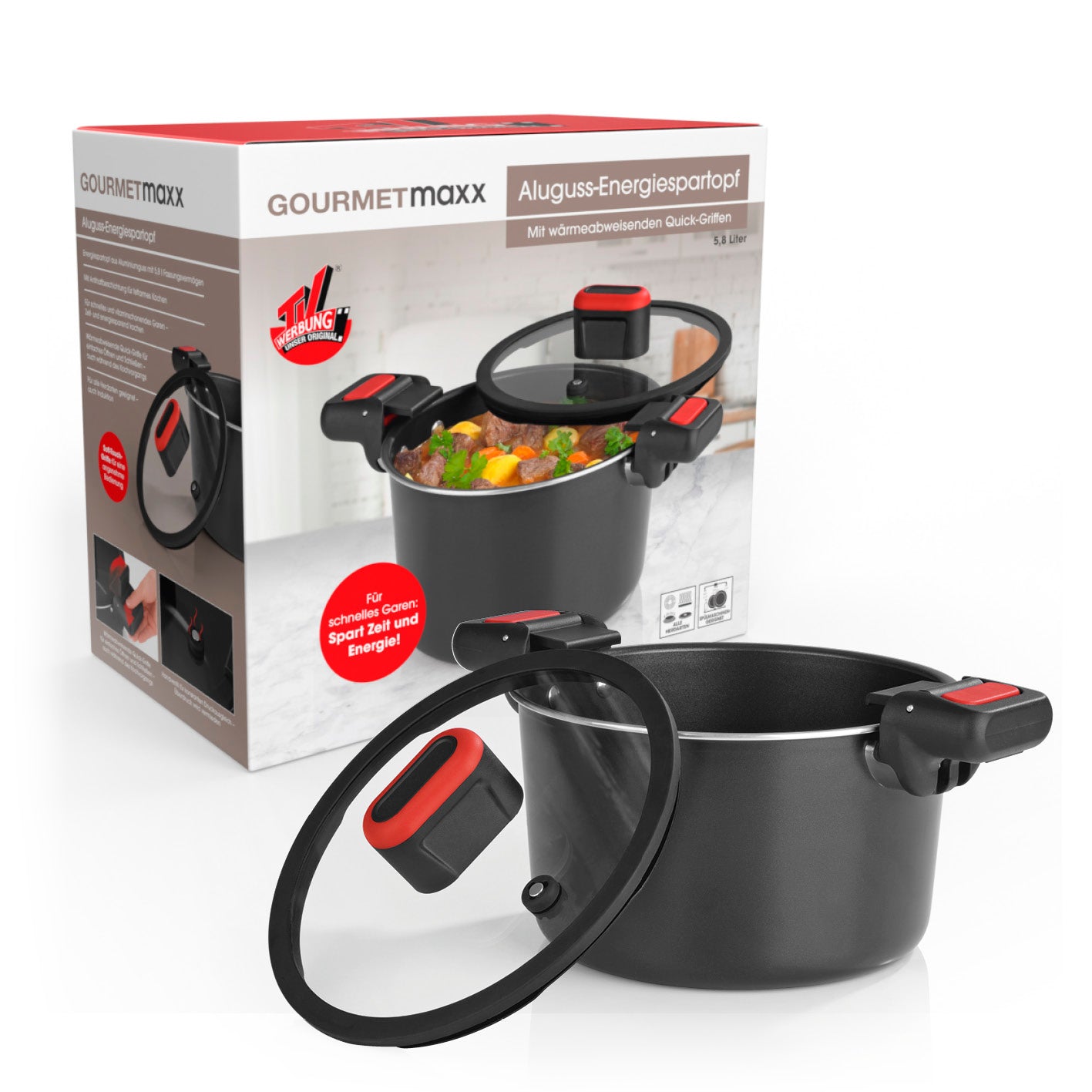 Energiespartopf Aluminium 5,8l - schwarz/rot