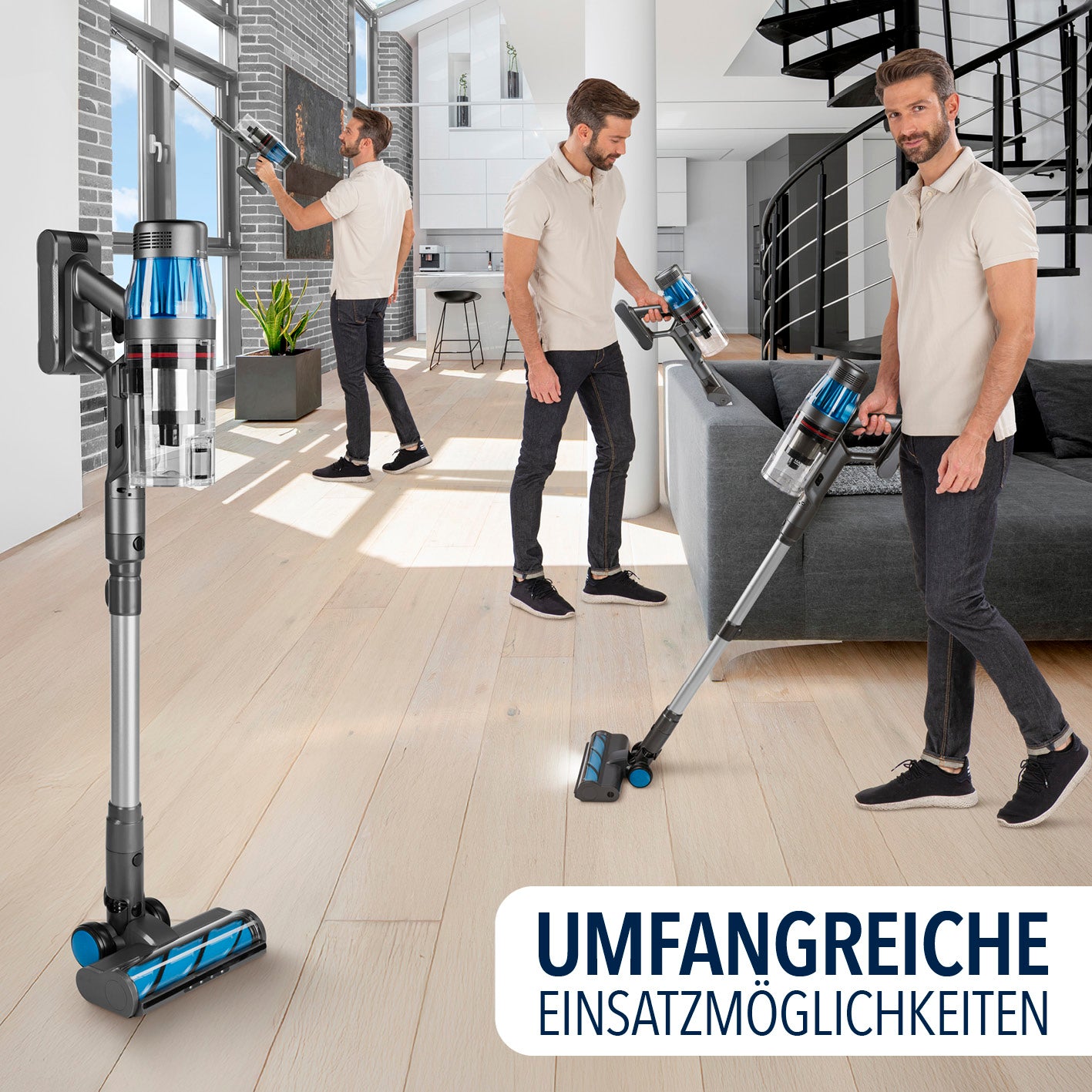 AeroTech 500 Staubsauger mit Absaugstation – Grau-Silber, kabelloser Sauger mit vielfältigen Aufsätzen für verschiedene Reinigungsbereiche.