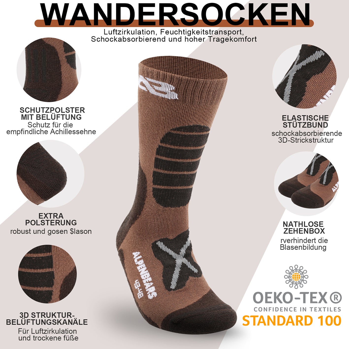 Wandersocken Merino Wolle - 2er-Set - Braun - Braun - Größe 43-48