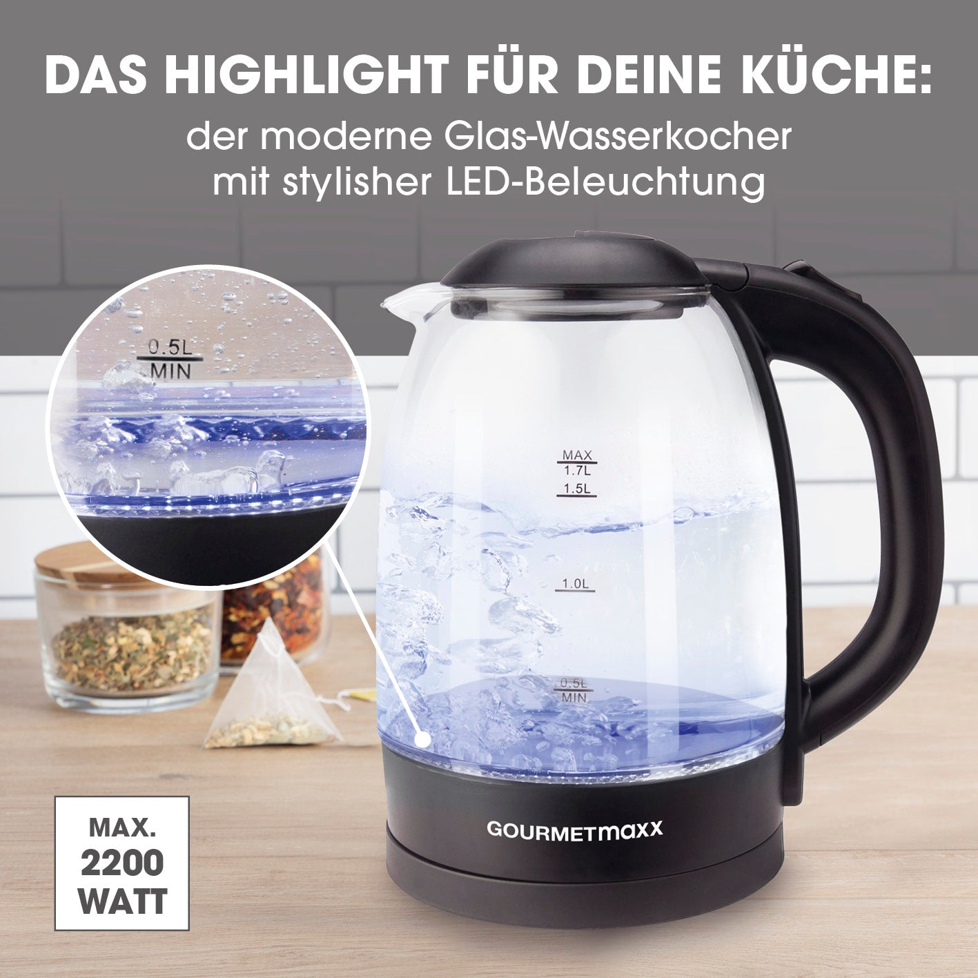 Glas-Wasserkocher 1,7 l - Schwarz