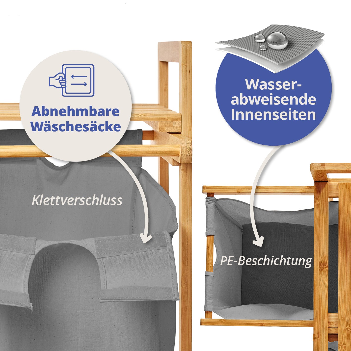 Bambus Wäschekorb mit 2 ausziehbaren Wäschesacken - 73 x 64 x 33 cm - Dunkelgrau