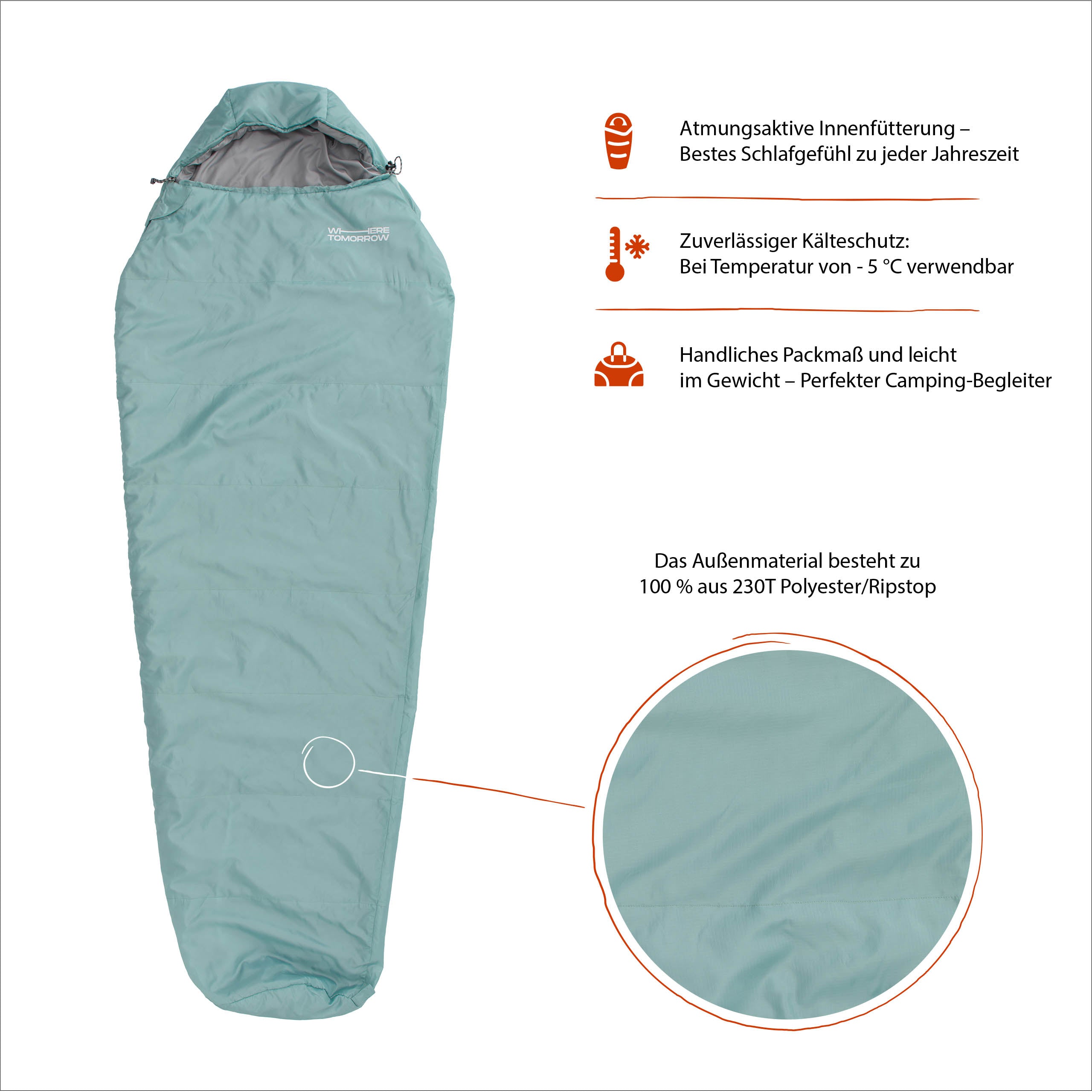 Camping Schlafsack Small & Light - Mumienschlafsack mit Tasche - 220 x 80 x 50 cm - Hellblau