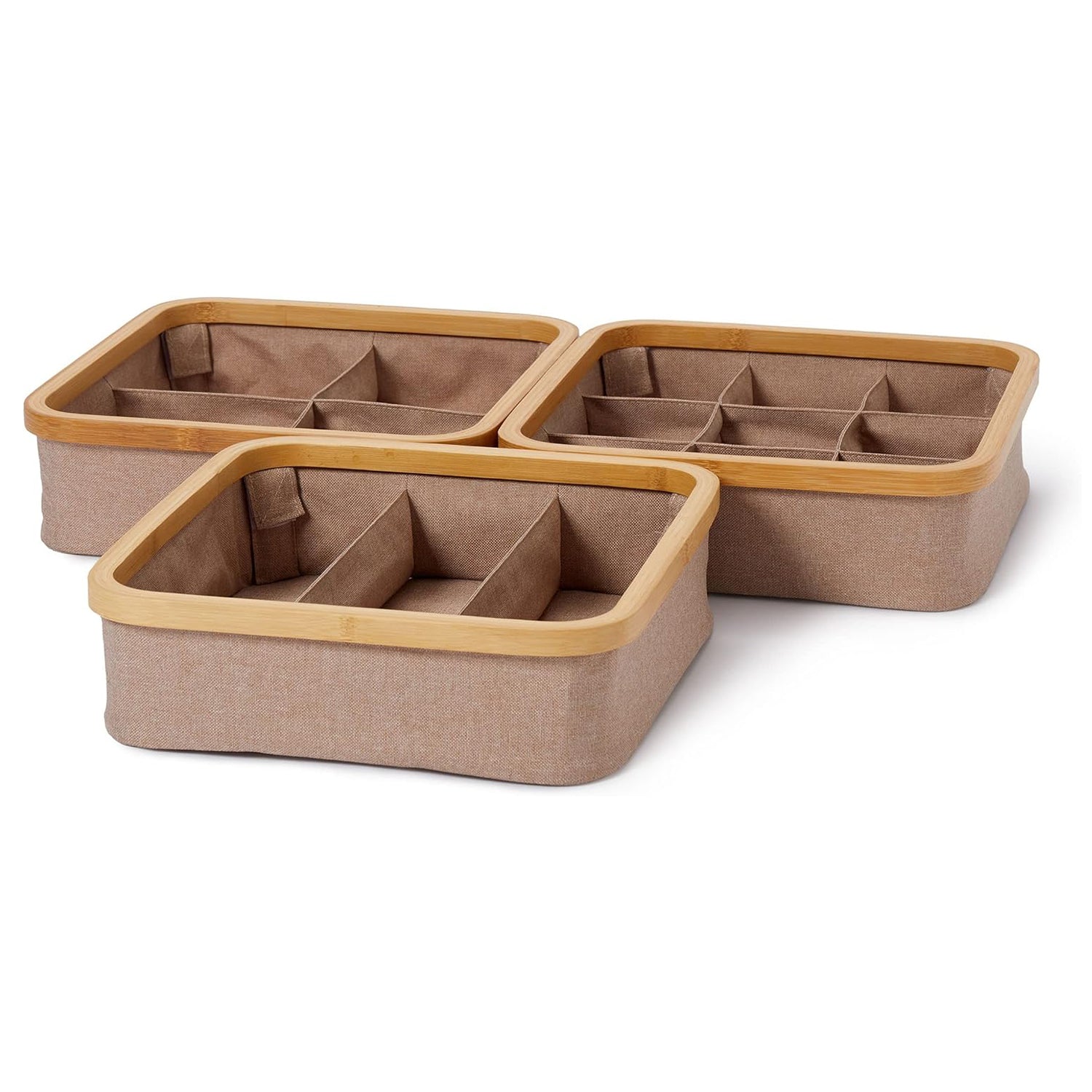 Organizer mit Bambus-Rahmen - 3er-Set - 30 x 30 x 9 cm (3/4/9 Aufteilung) - Taupe