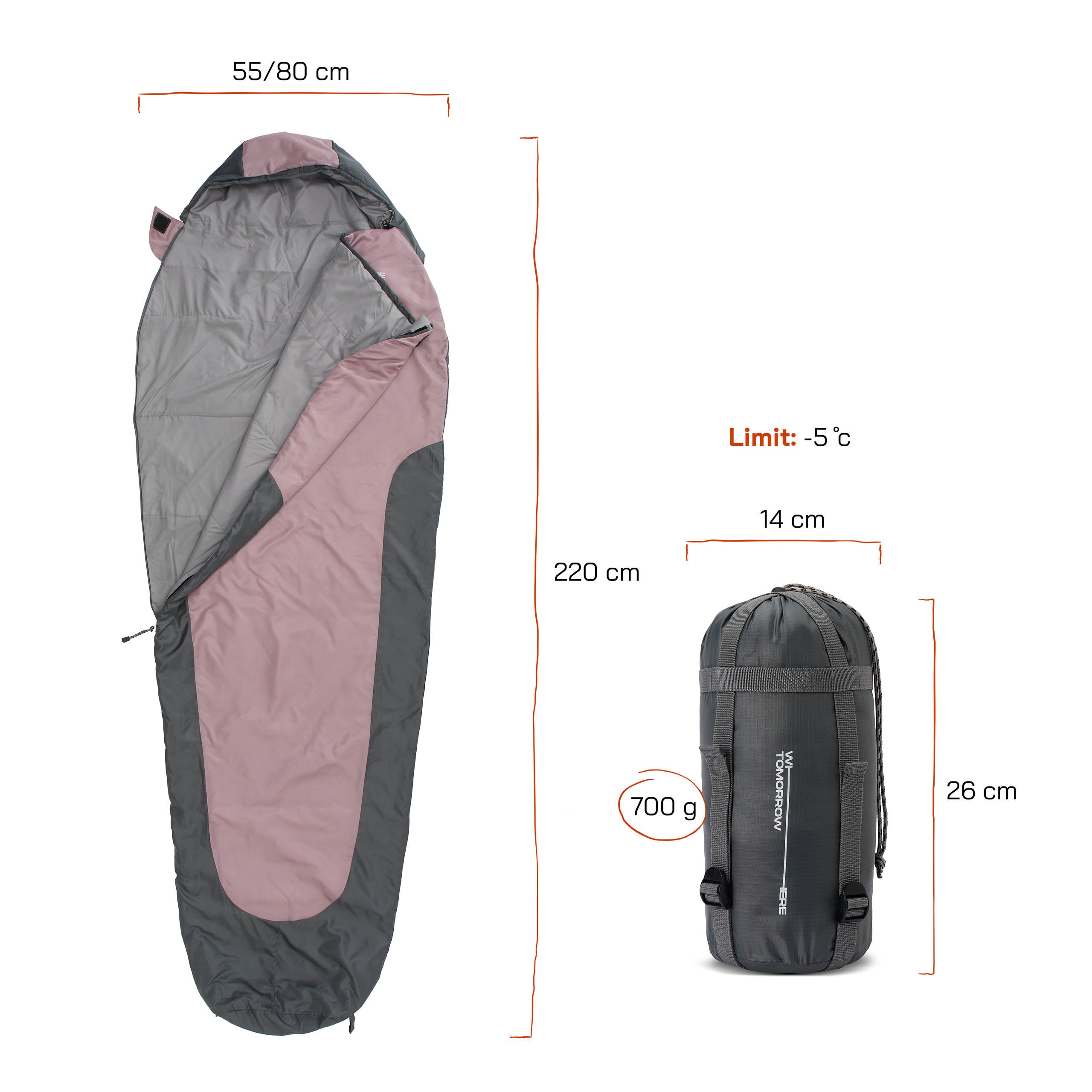 Camping Schlafsack Small & Light - Mumienschlafsack mit Tasche - 220 x 80 x 50 cm - Rose-Grau