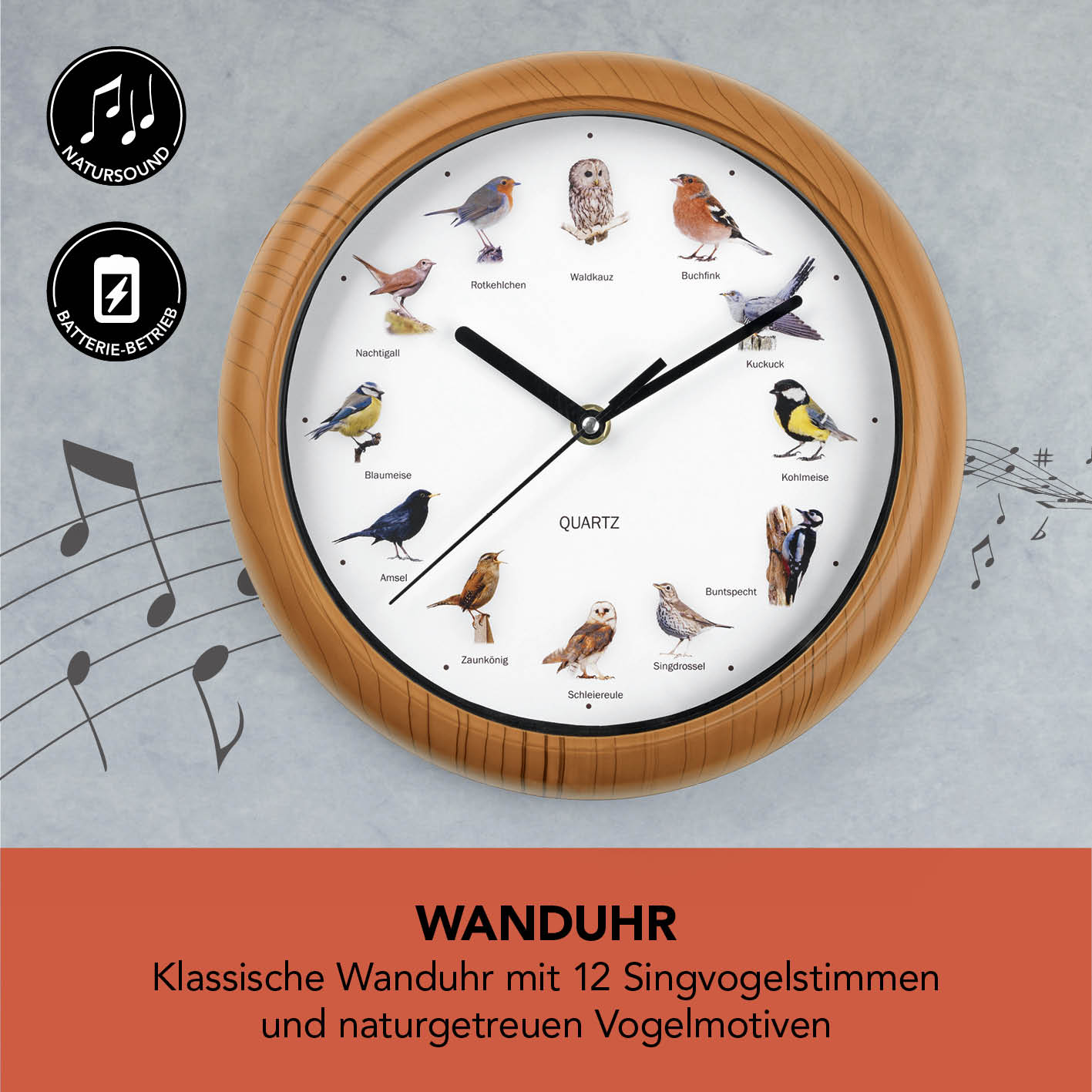 Wanduhr mit Vogelstimmen - 25cm