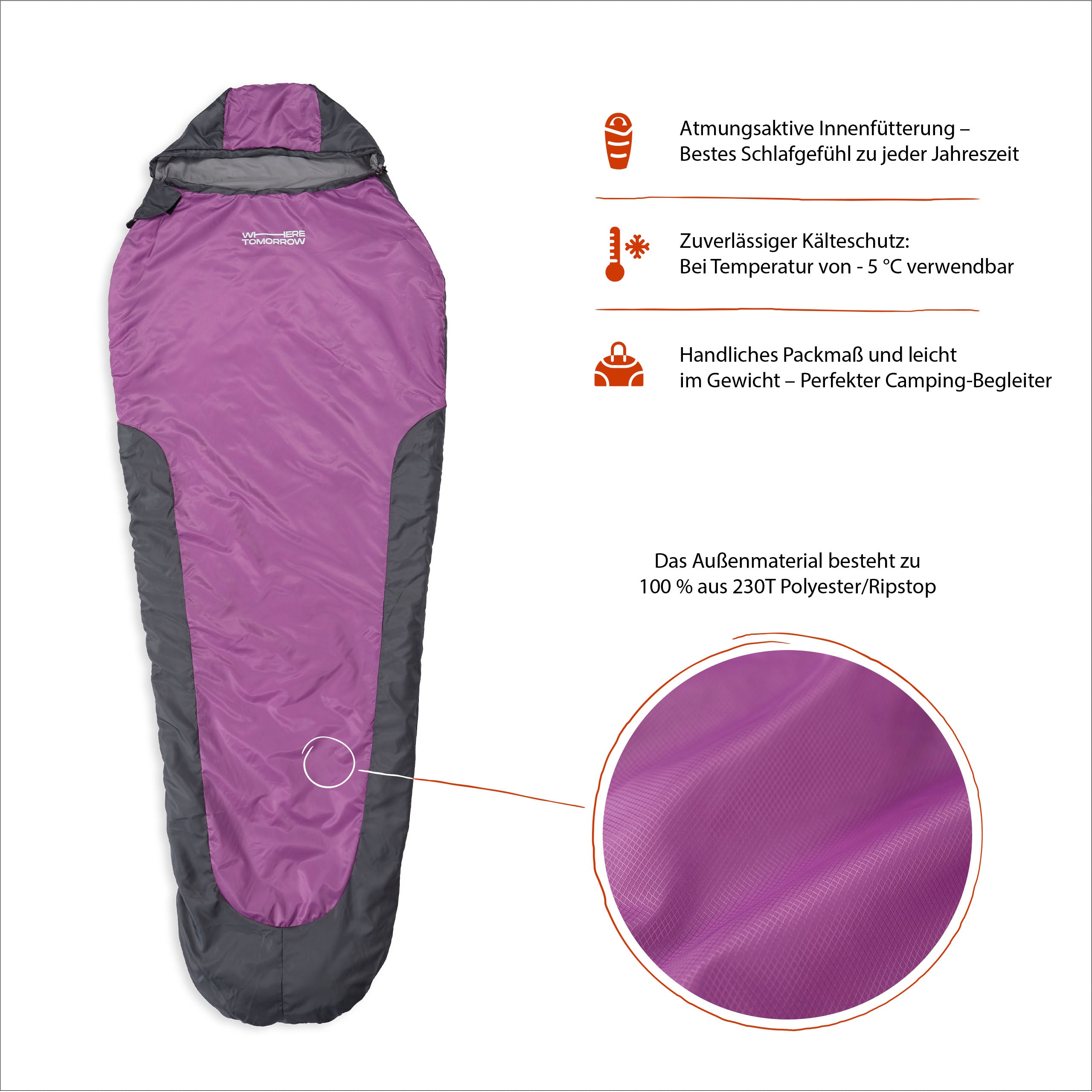 Camping Schlafsack Small & Light - Mumienschlafsack mit Tasche - 220 x 80 x 50 cm - Grau-Lila