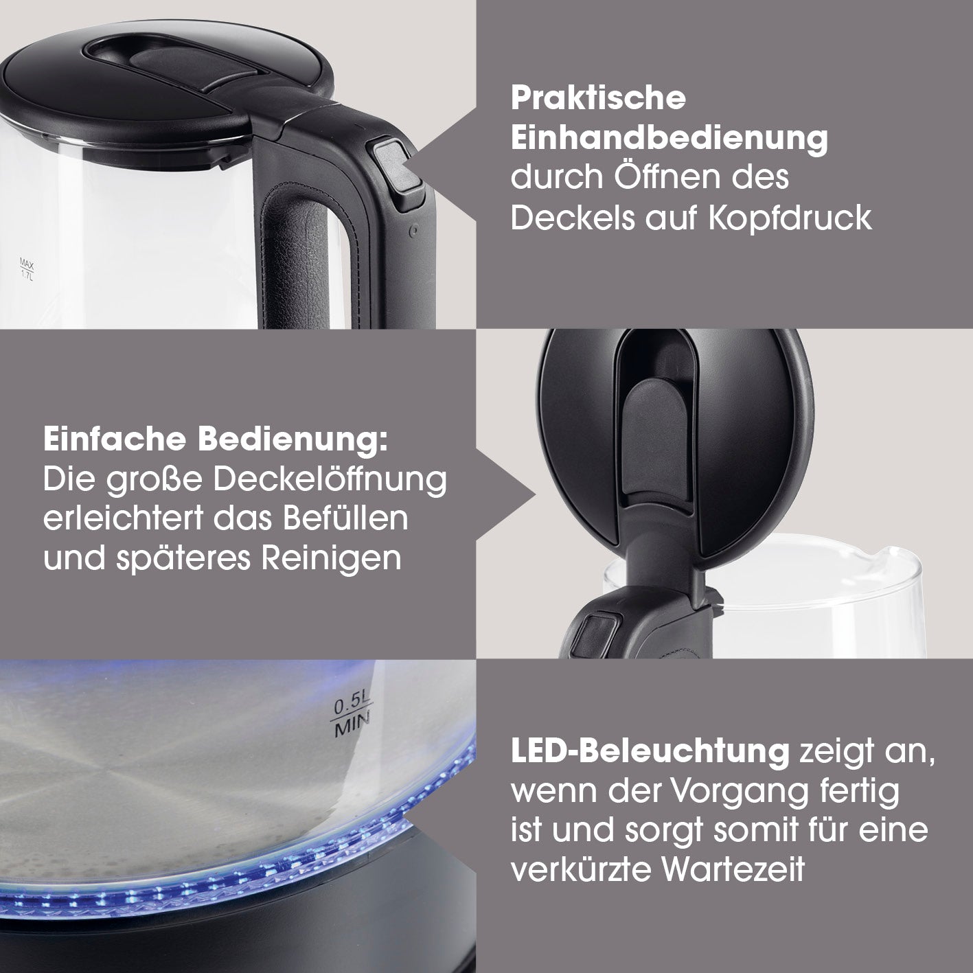 Glas-Wasserkocher LED - 1,7l - schwarz matt