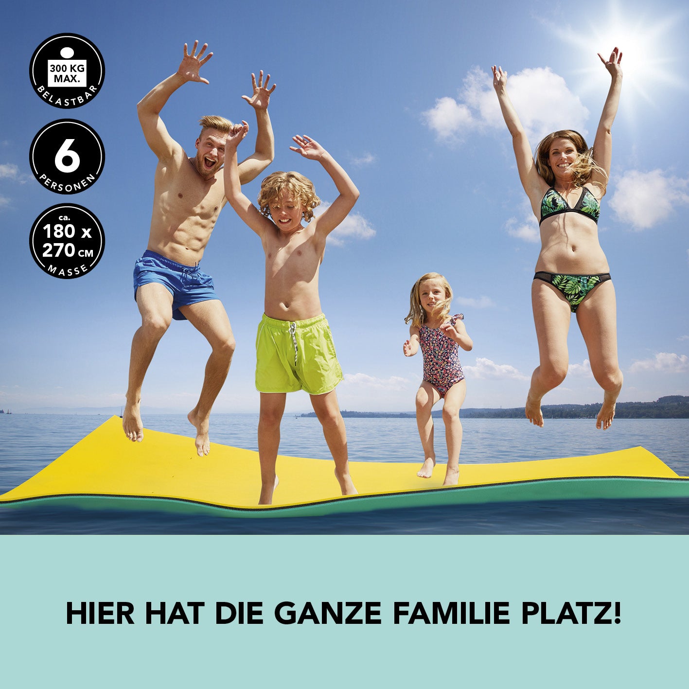 Wassermatte XXL - 270 x 180cm - Belastbar bis 300 kg - gelb/türkis