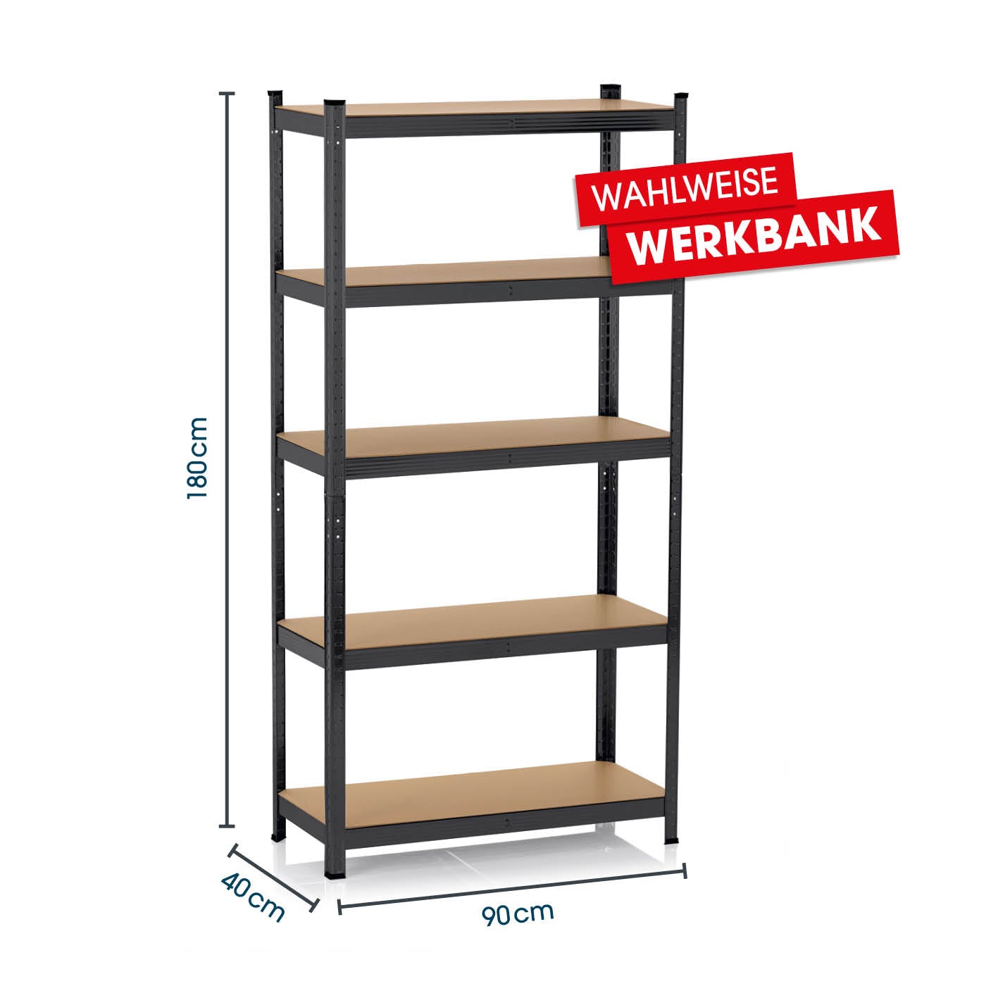 Schwerlastregal & Werkbank - 180 x 90 x 40 cm - 875 kg Traglast, 175 kg pro Ebene