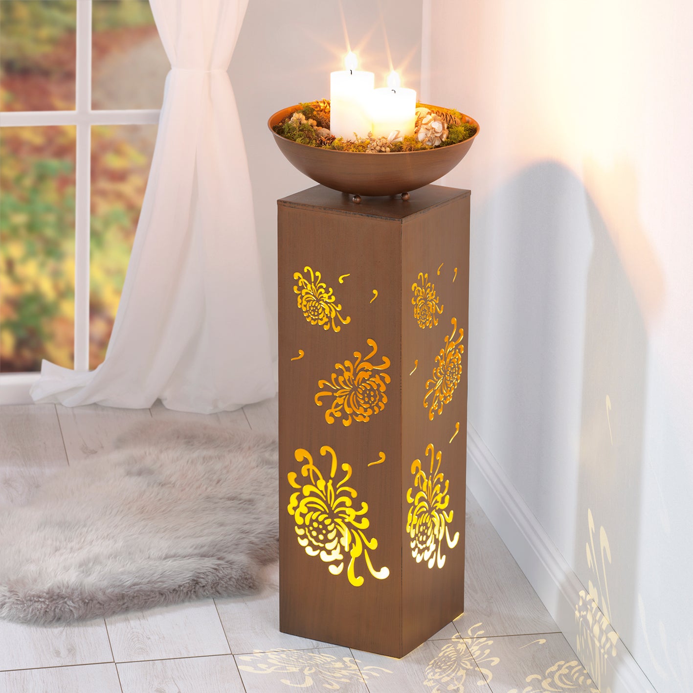 LED-Dekosäule mit Planzschale Rost-Optik "Bauernrose" - 87 cm