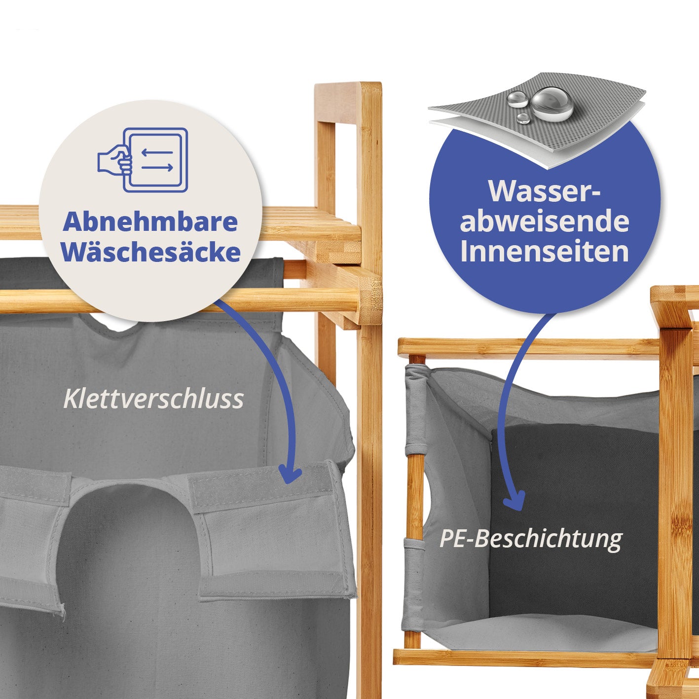 Bambus Wäschekorb mit ausziehbarem Wäschesack - 33 x 33 x 73 cm - Beige
