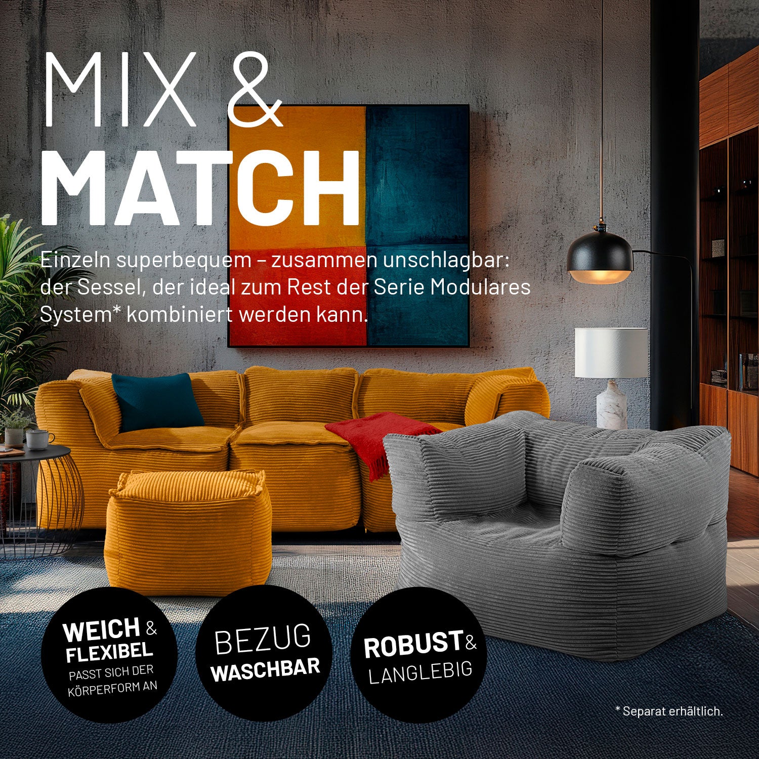 Modularer Sessel aus der Cord-Reihe - Grau, weicher, waschbarer Bezug, robust und flexibel, ideal für modernes Wohnen und Mix & Match.