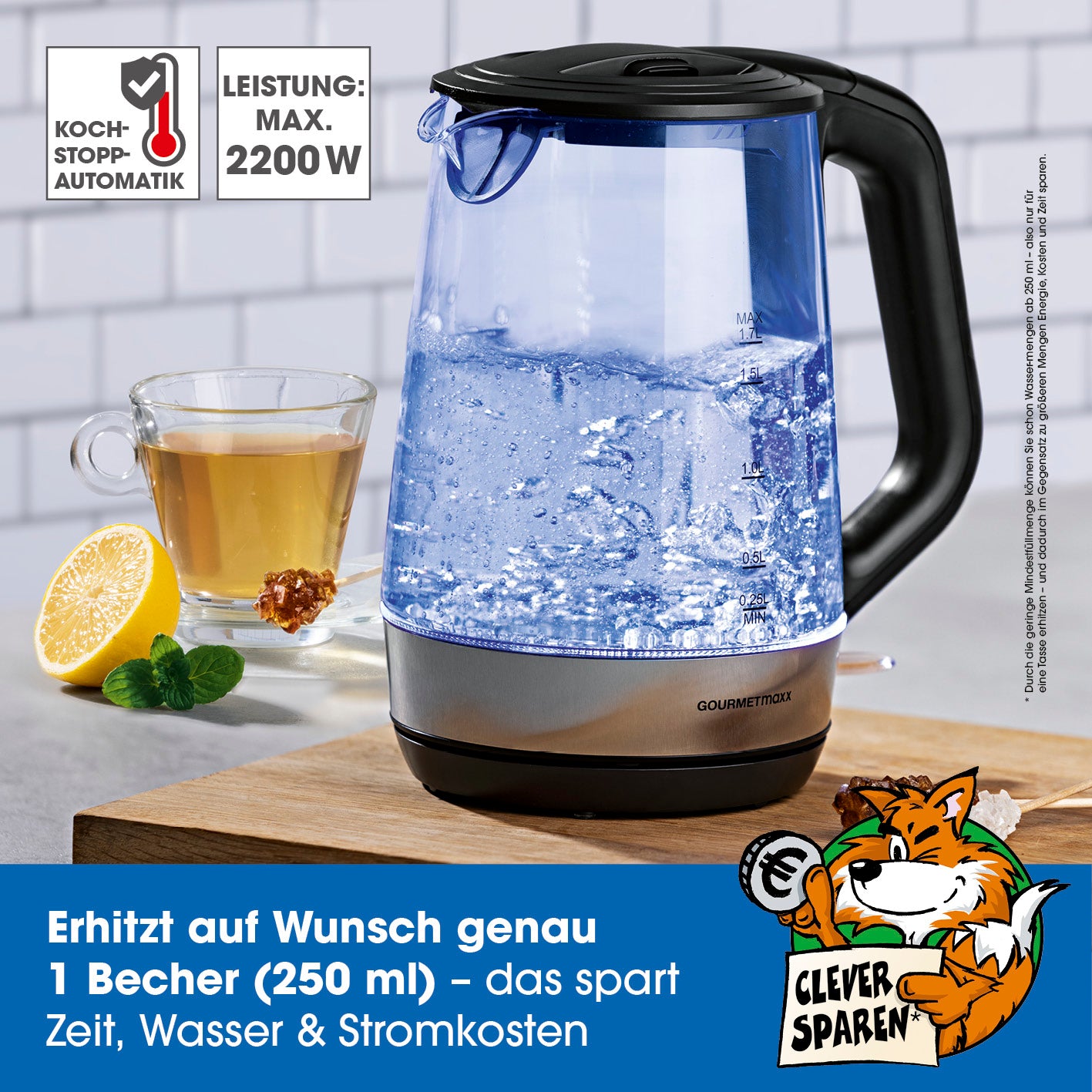 Glas-Wasserkocher - 1,7l (Skala 0,25l)