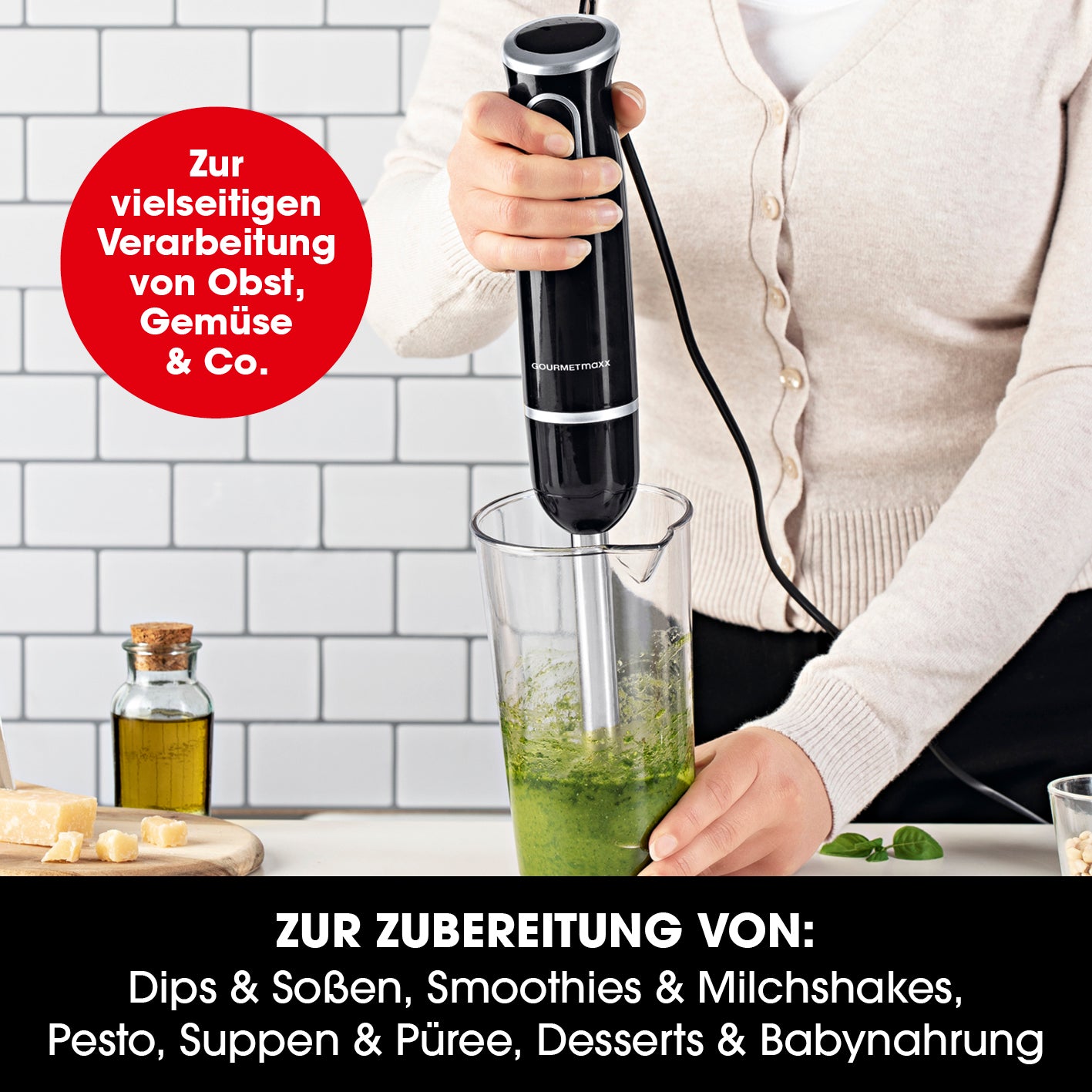 Stabmixer inkl. Rühraufsatz und Messbecher - schwarz/chrom